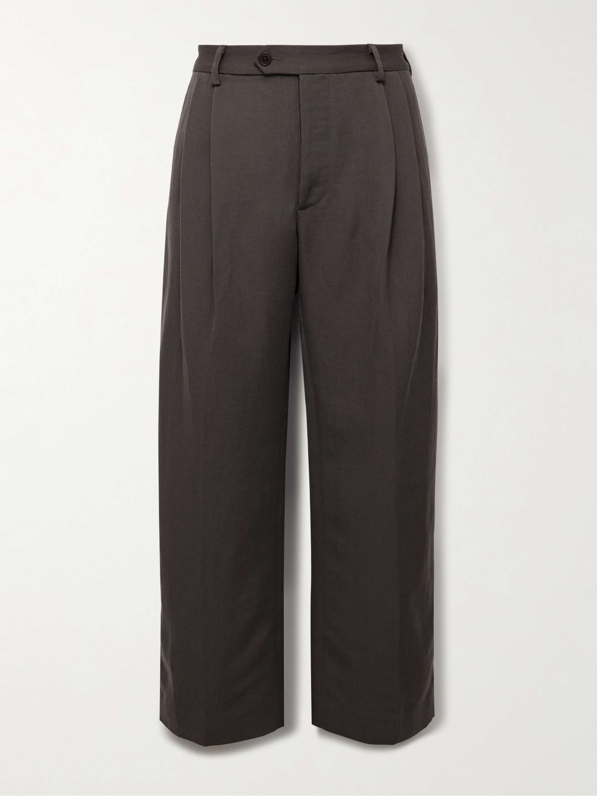 Wide-Leg Pleated Slub Linen and Wool-Blend Trousers view