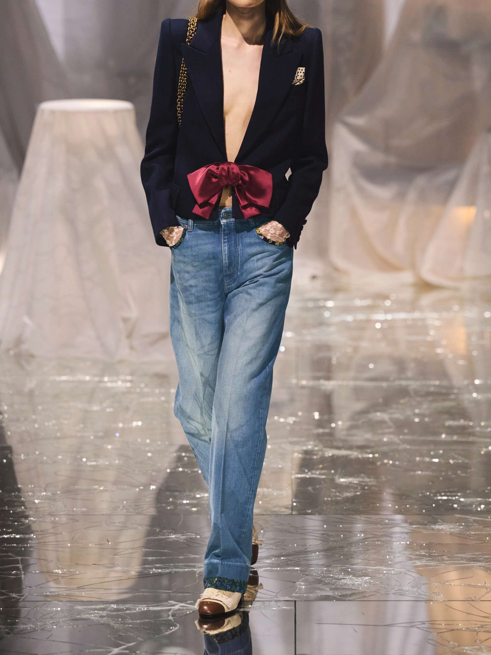 Printed chiffon-trimmed high-rise straight-leg jeans view