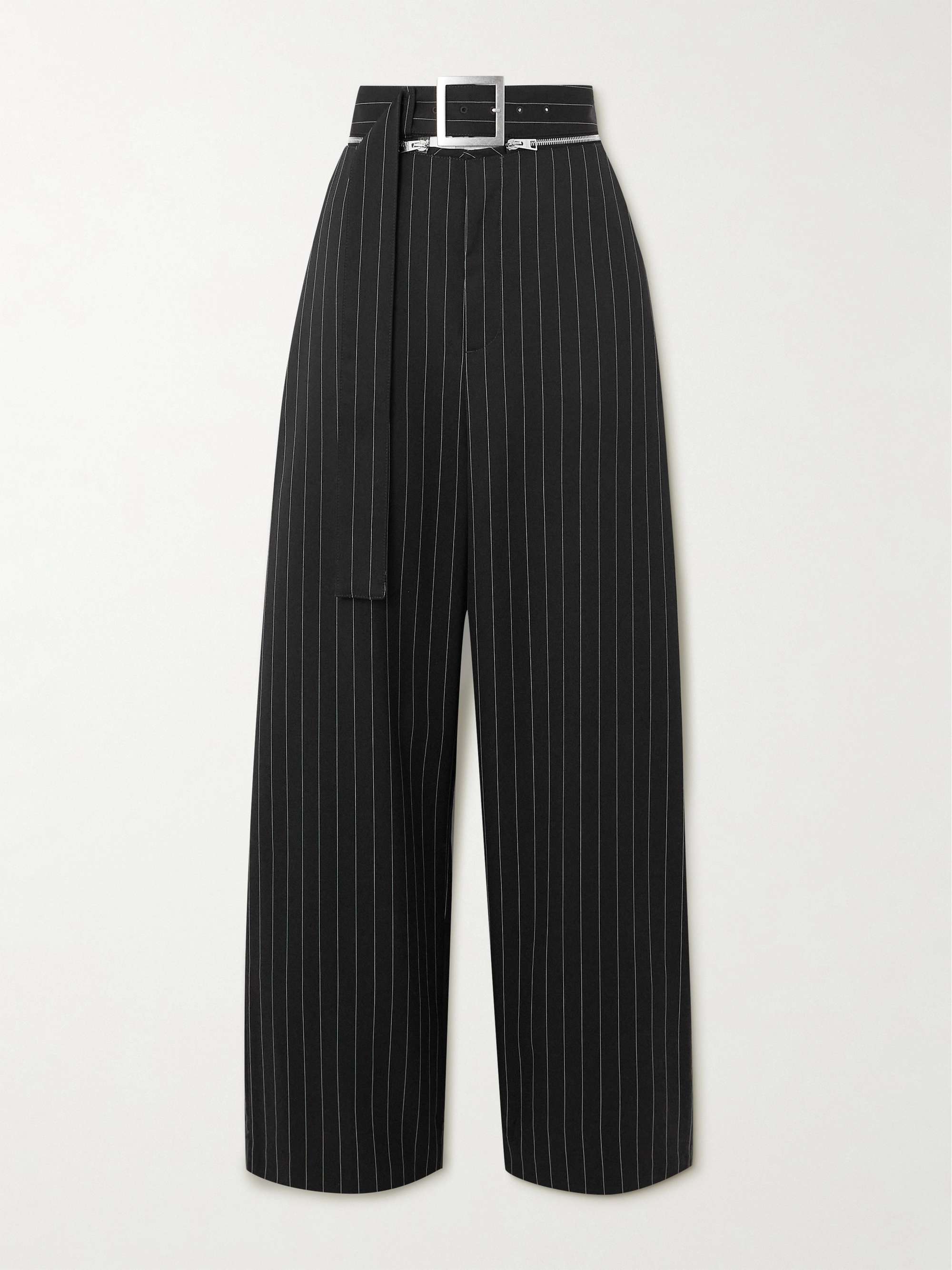 Zip-detailed belted pinstriped wool-twill wide-leg pants view