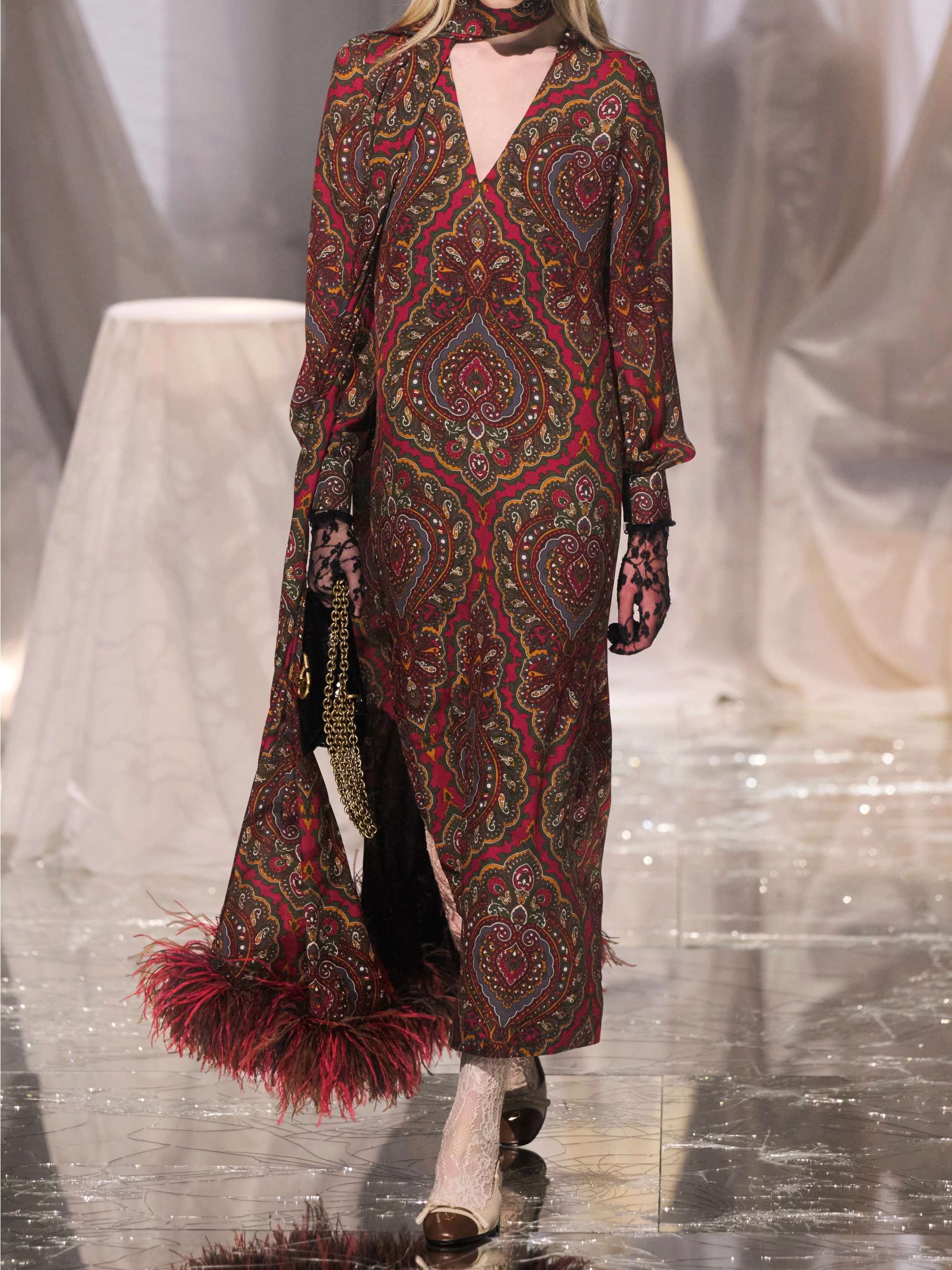 Feather-trimmed scarf-detailed paisley-print silk-crepe midi dress view