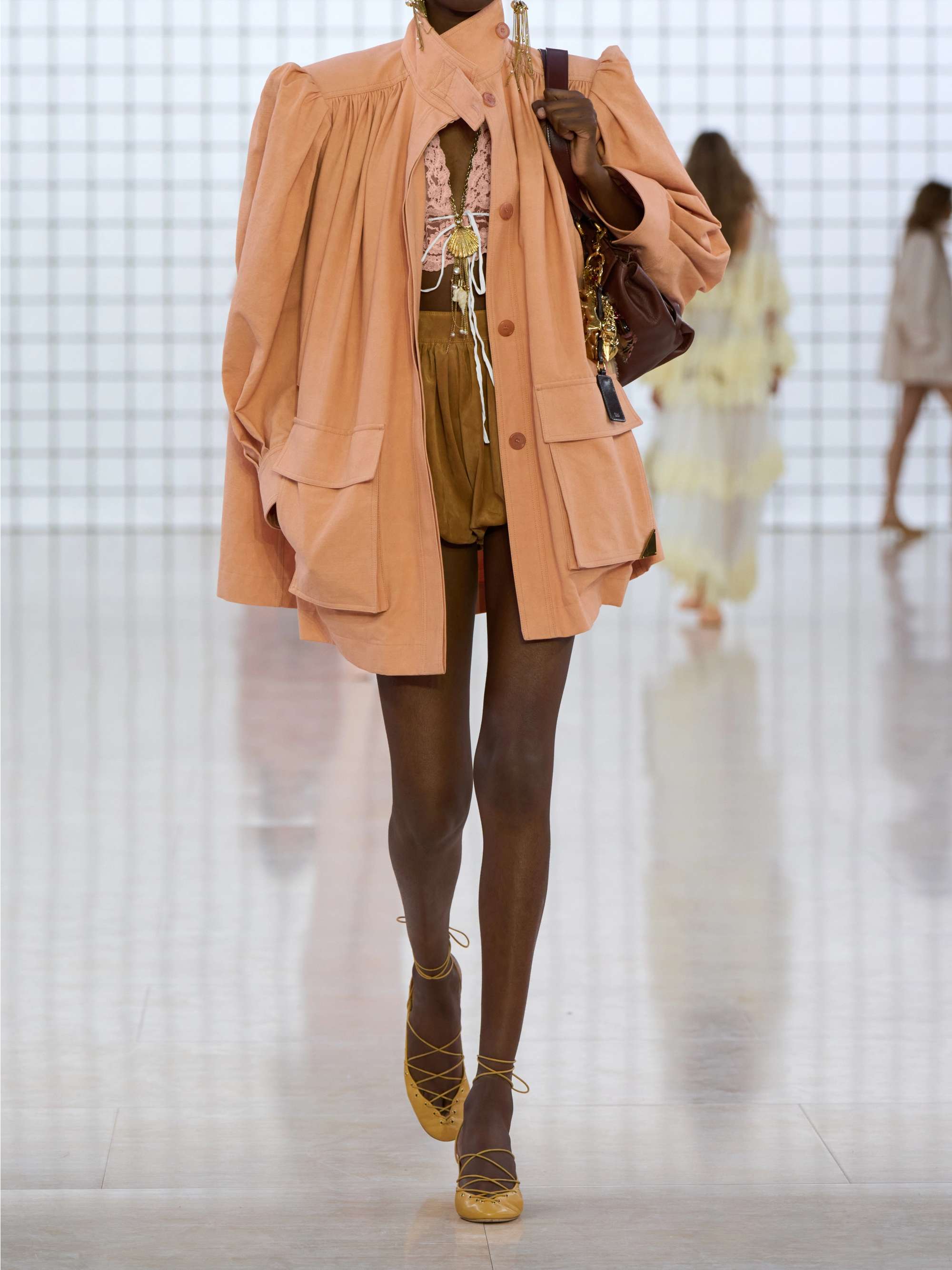 Cropped lace-trimmed silk-satin top view