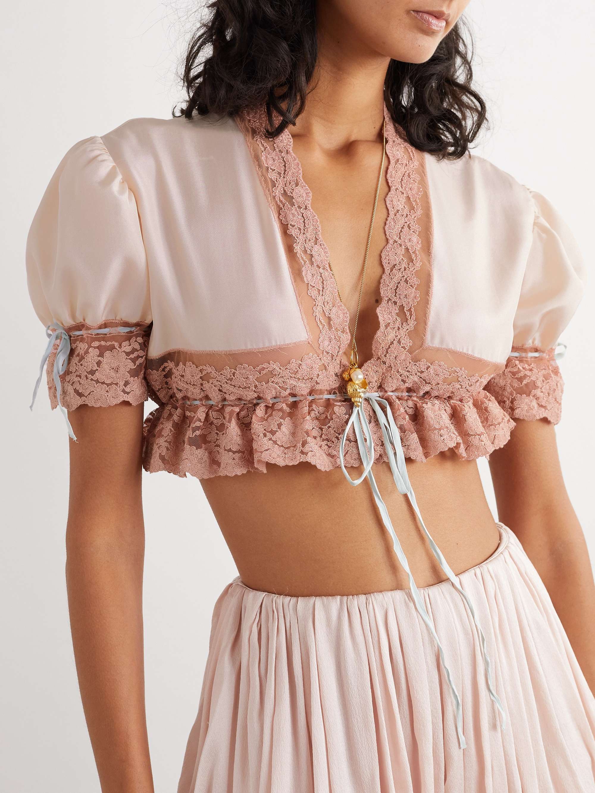 Cropped lace-trimmed silk-satin top view