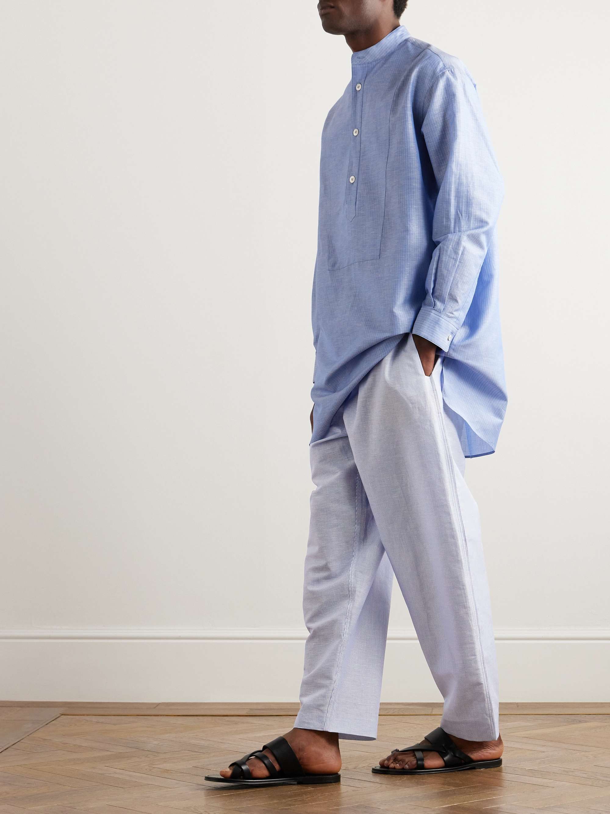 Akanko Straight-Leg Striped Linen and Cotton-Blend Poplin Trousers view
