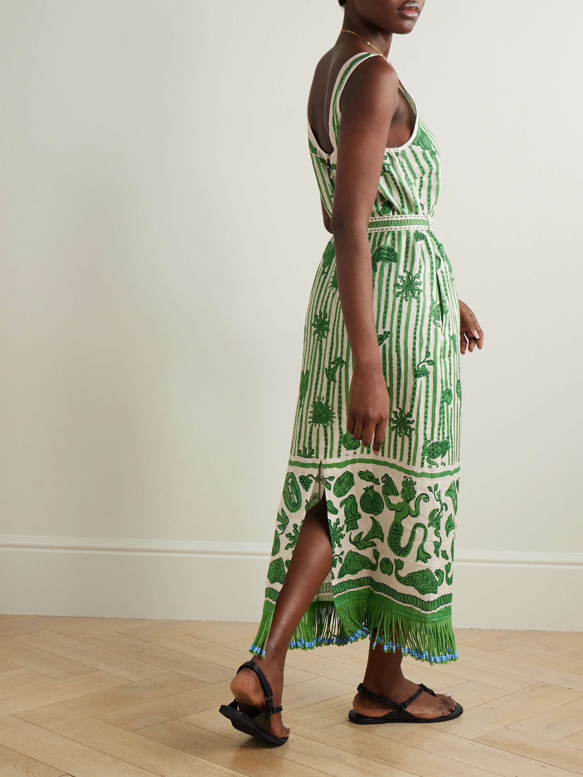 Lula belted fringed embellished printed cotton and silk-blend midi dress view