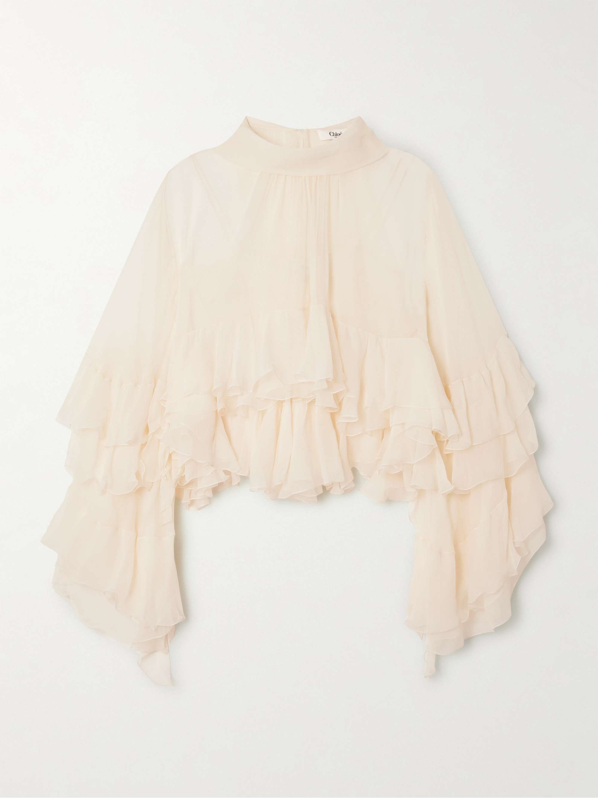 Ruffled tiered silk-mousseline turtleneck blouse view