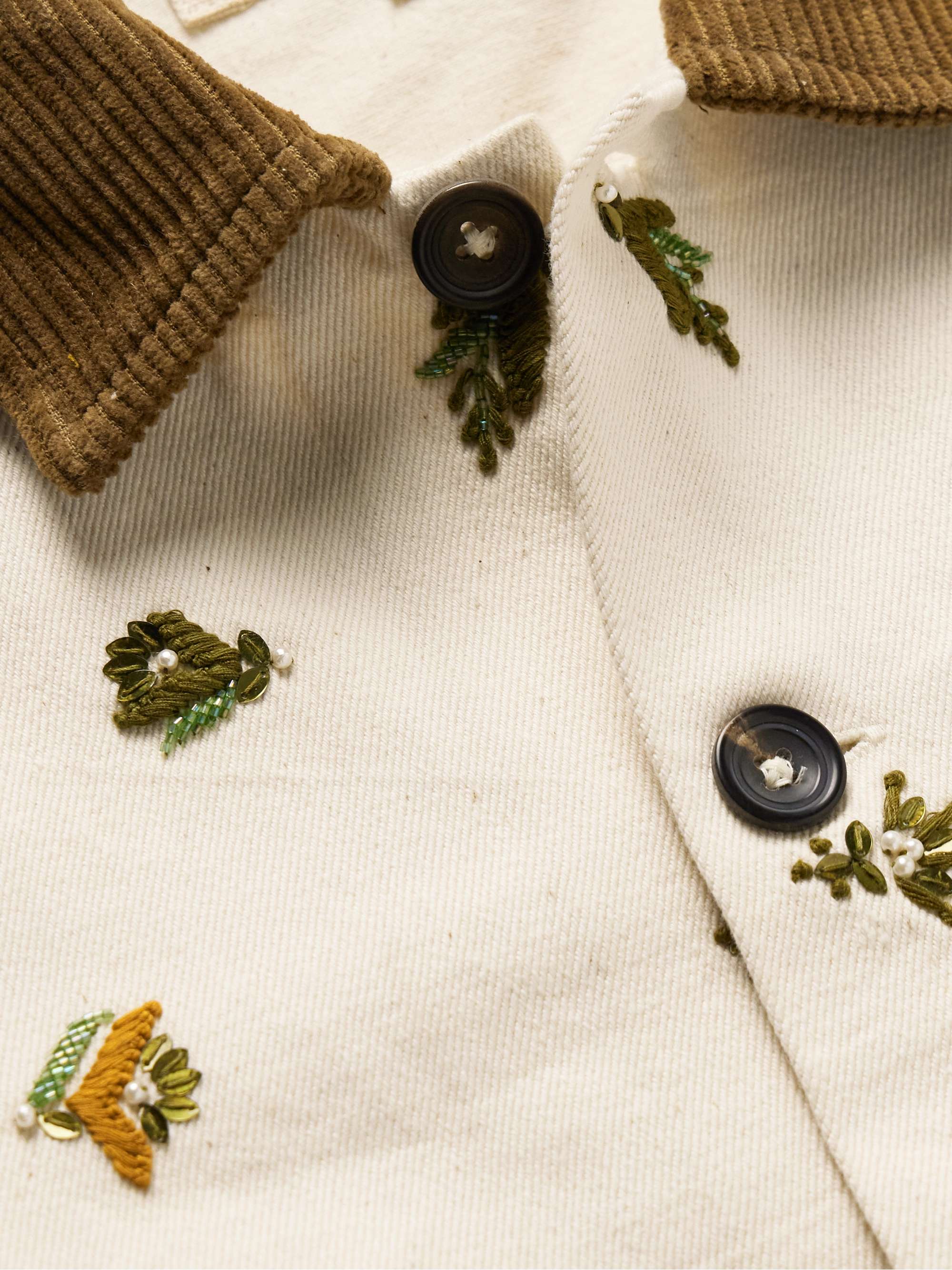 Corduroy-Trimmed Embroidered Embellished Cotton-Twill Jacket view