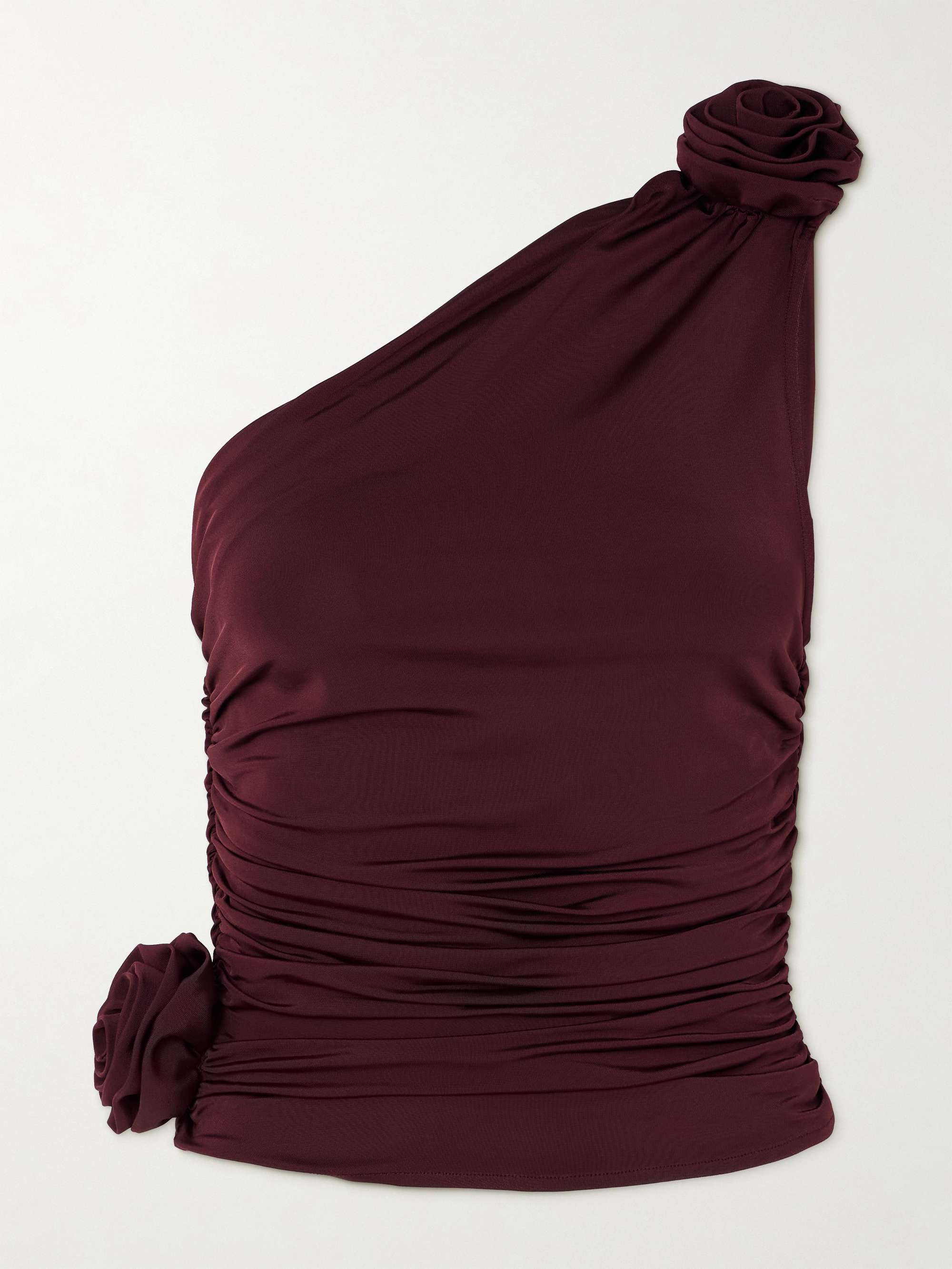 One-shoulder floral-appliquéd ruched satin-jersey top view
