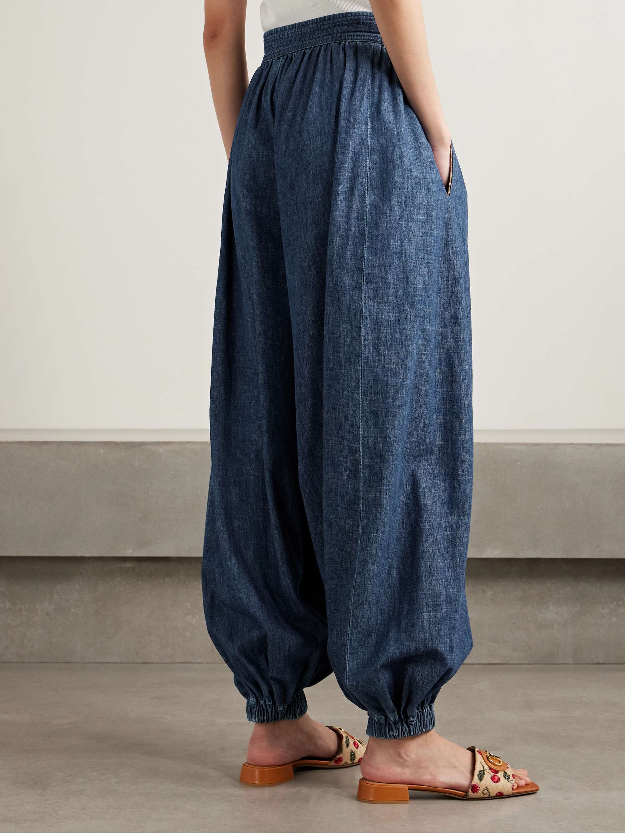 Tasseled embroidered chambray tapered pants view