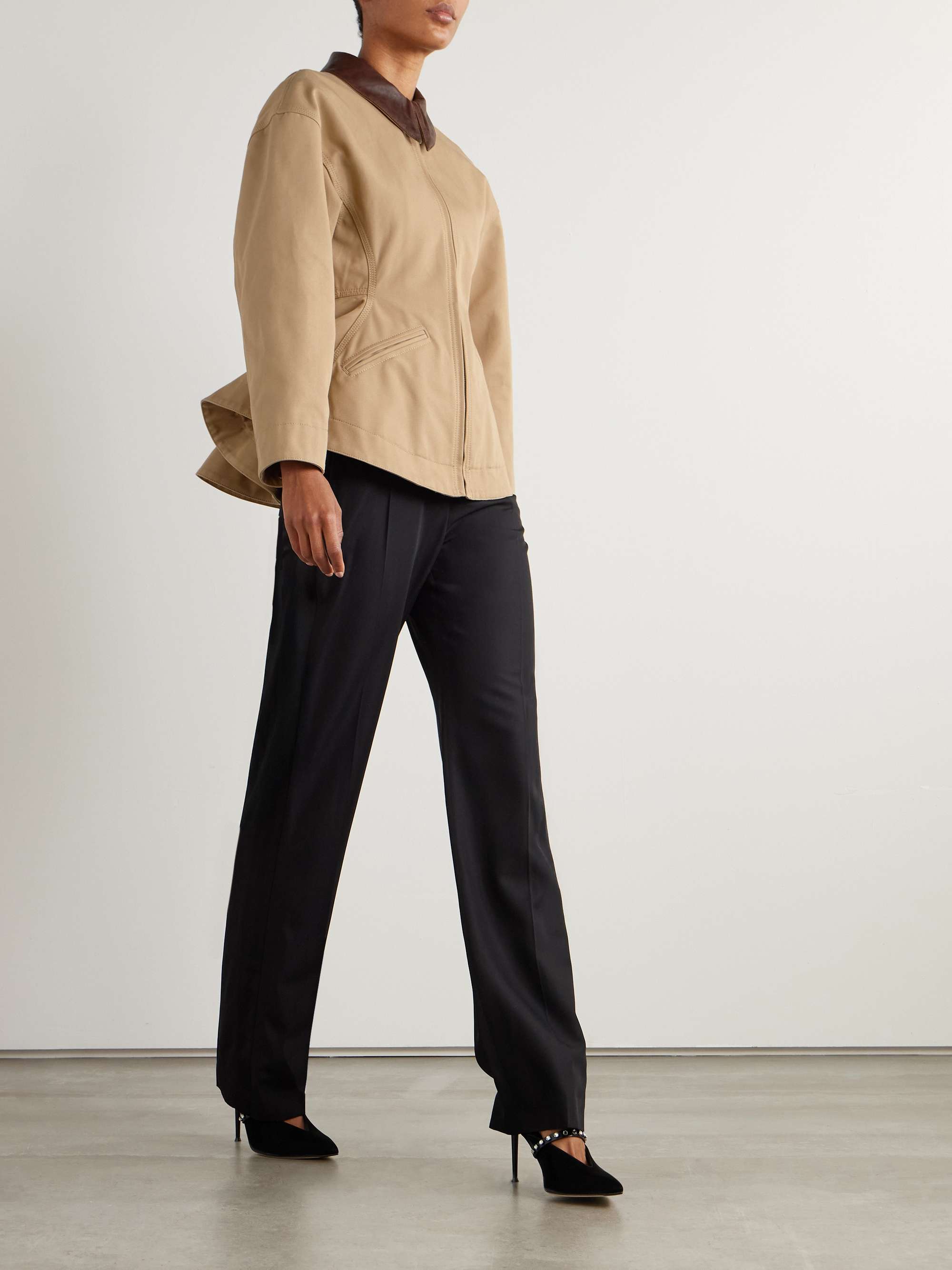 Leather-trimmed cotton-canvas peplum jacket view