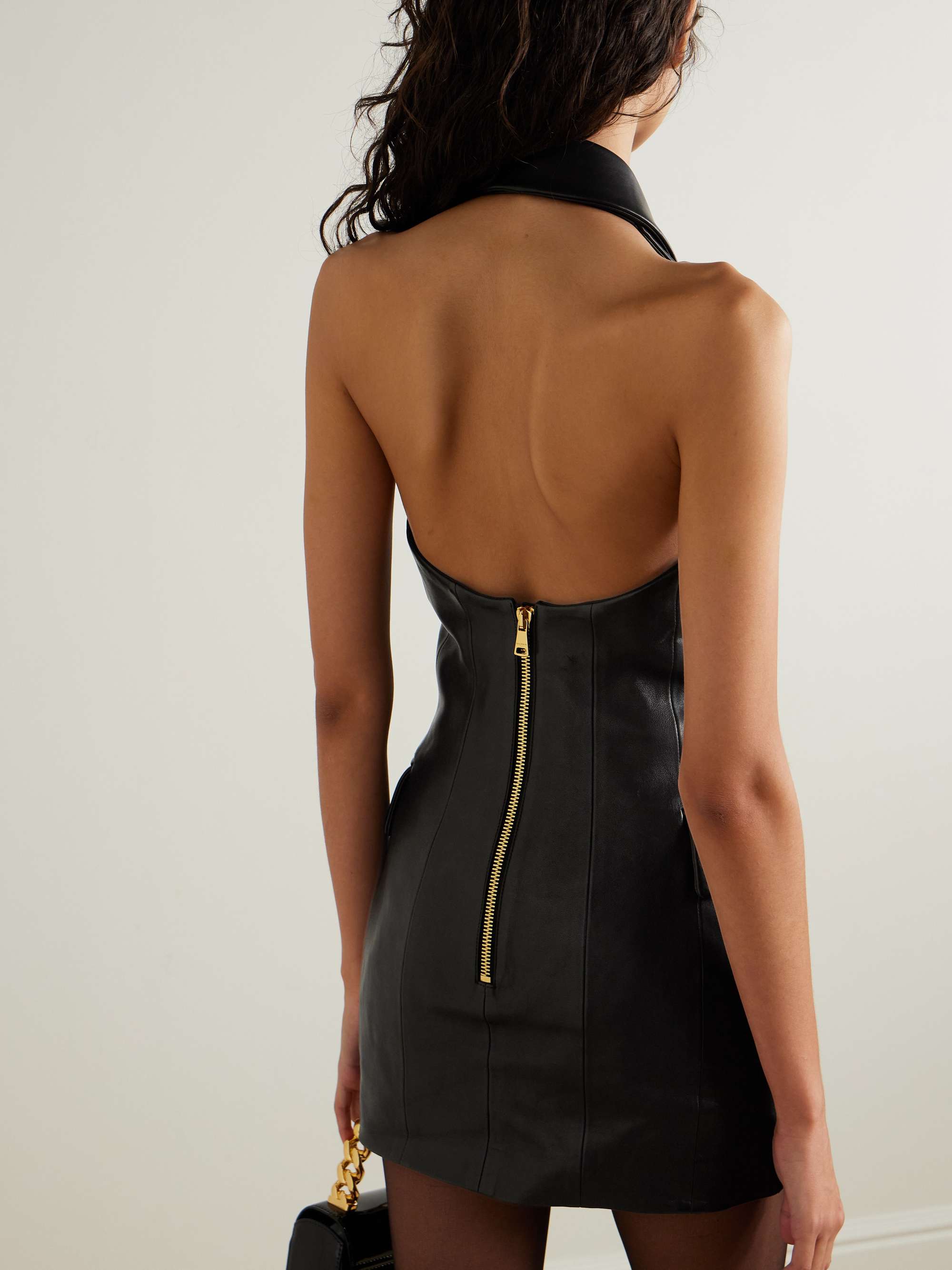 Button-embellished leather halterneck mini dress view