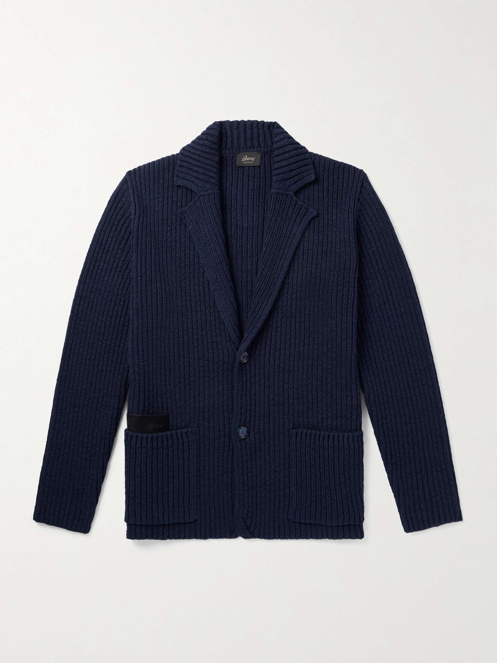 Suede-Trimmed Ribbed Cotton Cardigan view