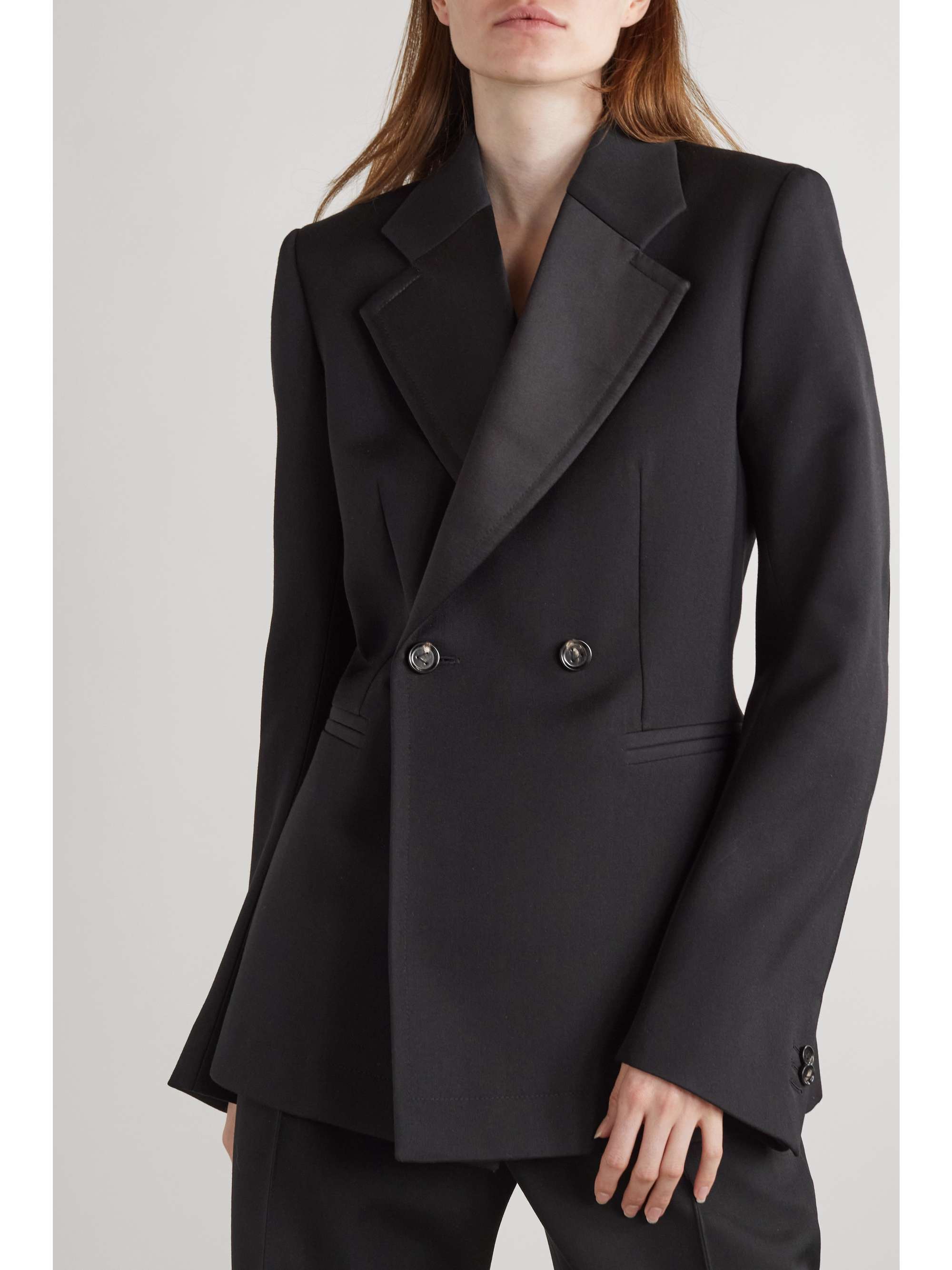 Double-breasted satin-trimmed grain de poudre wool blazer view