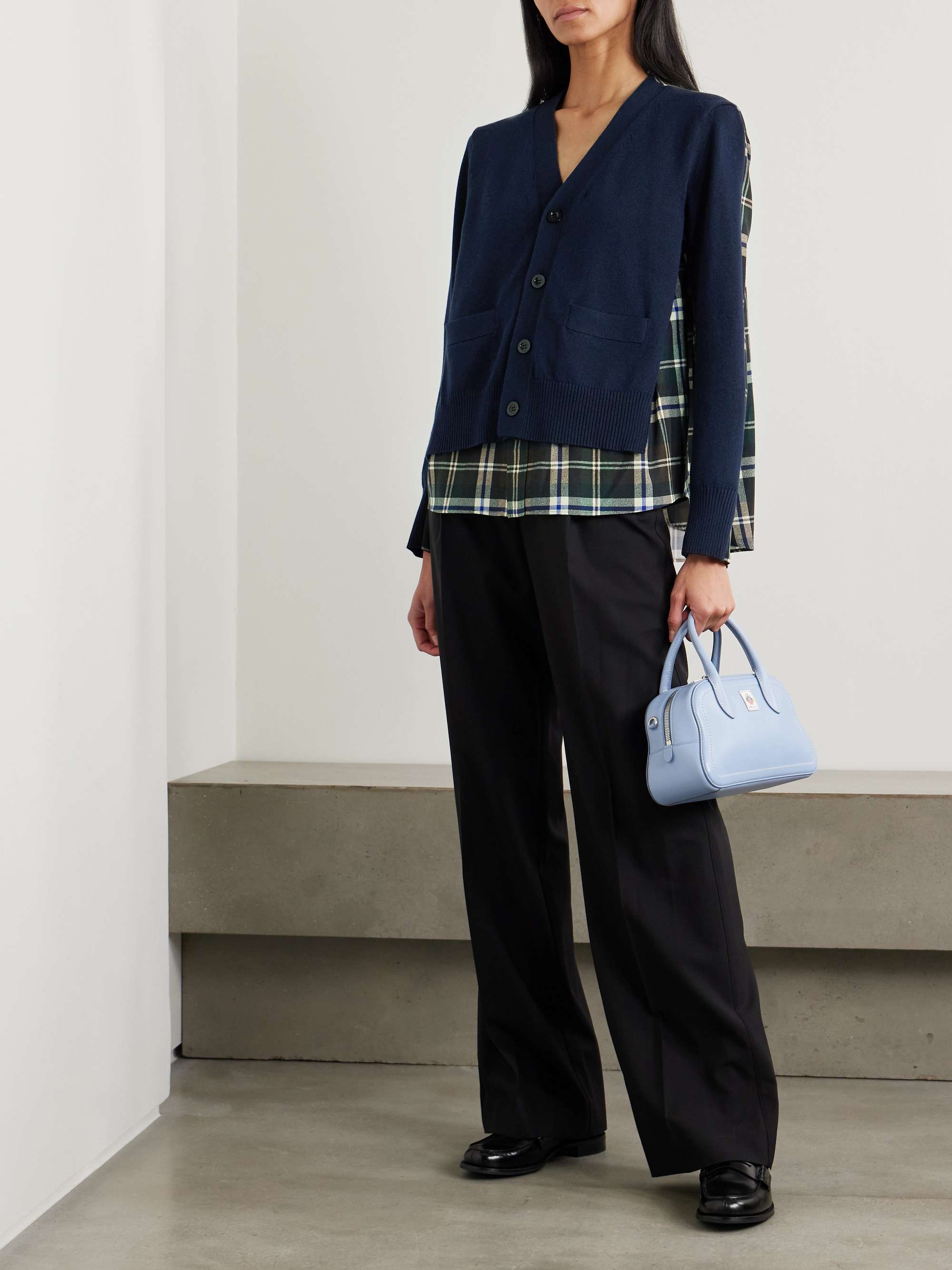 Paneled cotton-blend and checked poplin cardigan view
