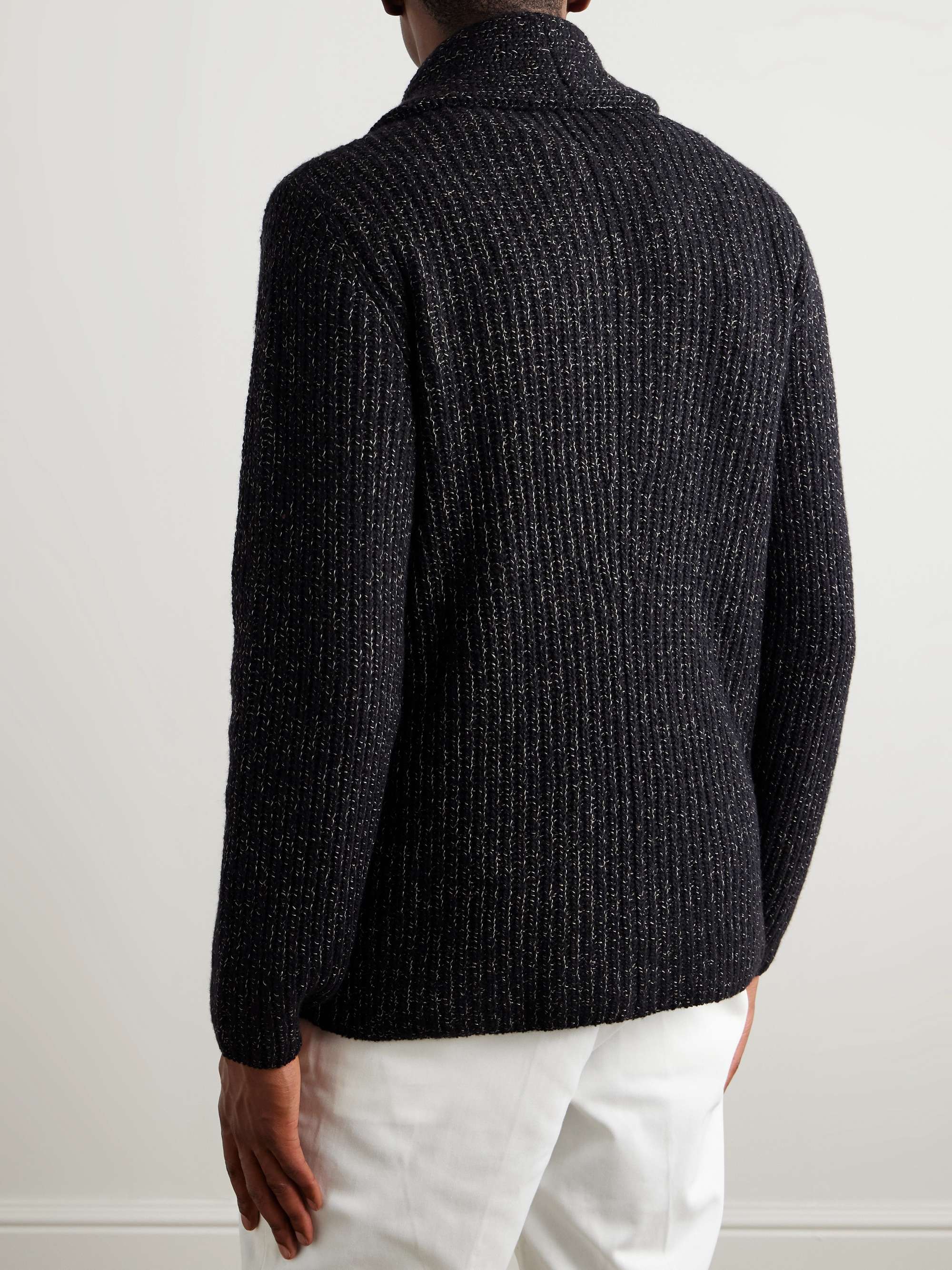 Shawl-Collar Double-Breasted Ribbed Virgin Wool, Silk and Cashmere-Blend Cardigan view