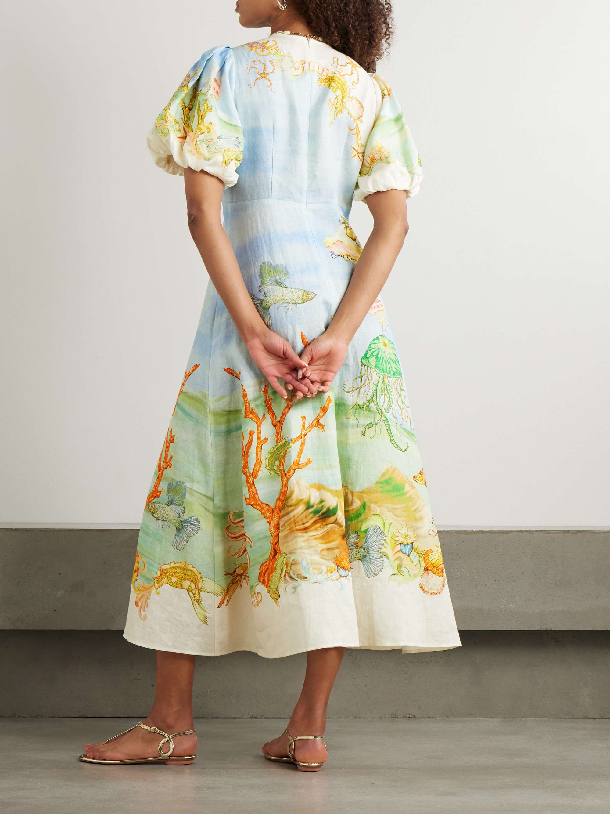 + Sam Pauletto Emerald Cove gathered printed linen-gauze midi dress view