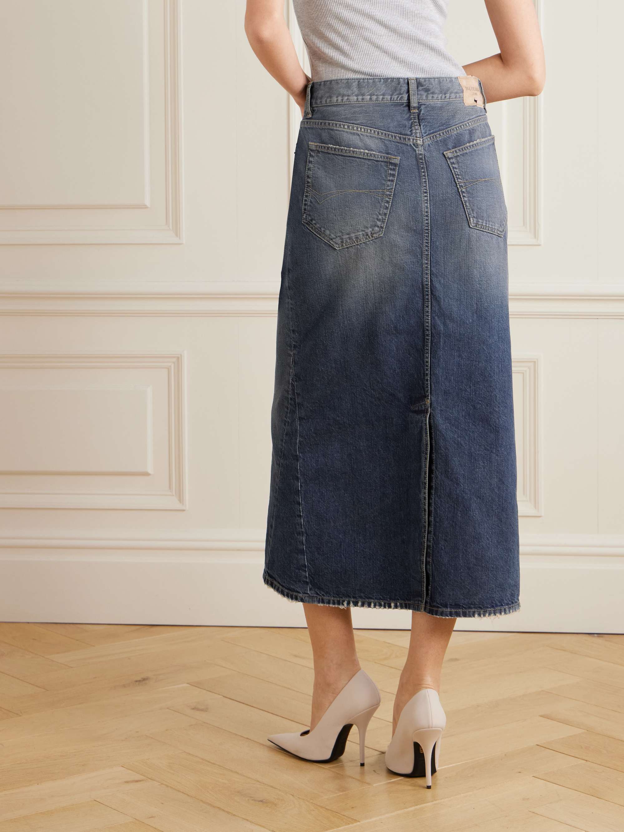 Distressed denim midi skirt view
