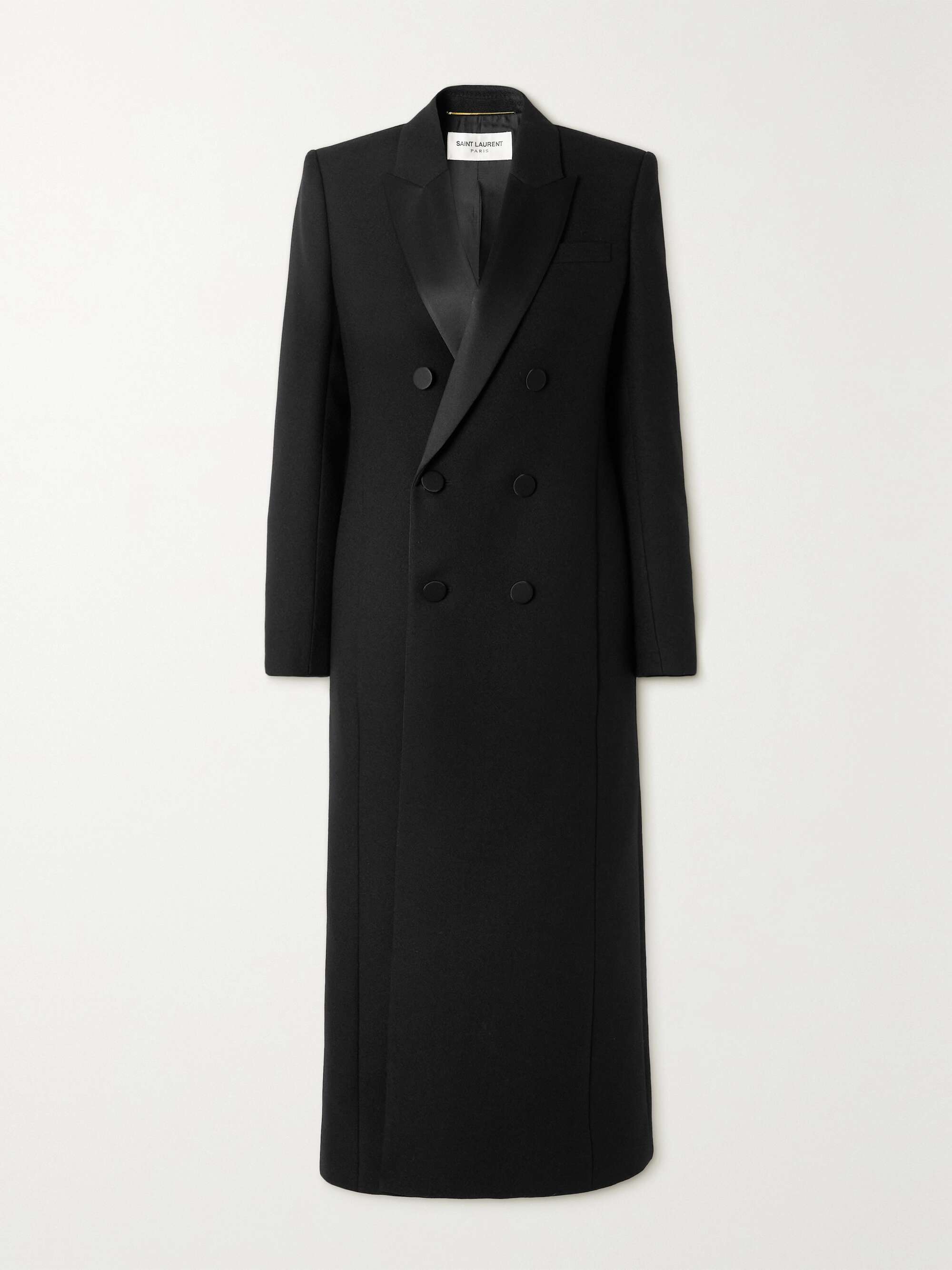 Double-breasted silk-trimmed wool coat view