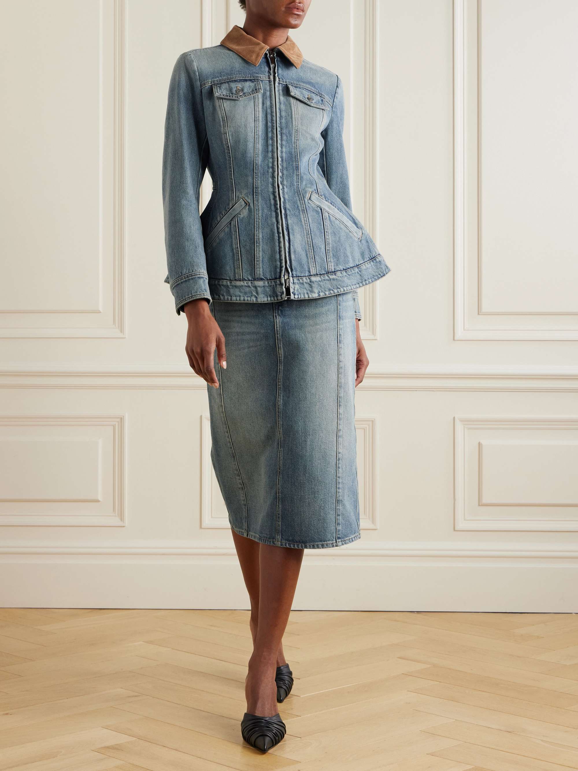 Corduroy-trimmed denim peplum jacket view