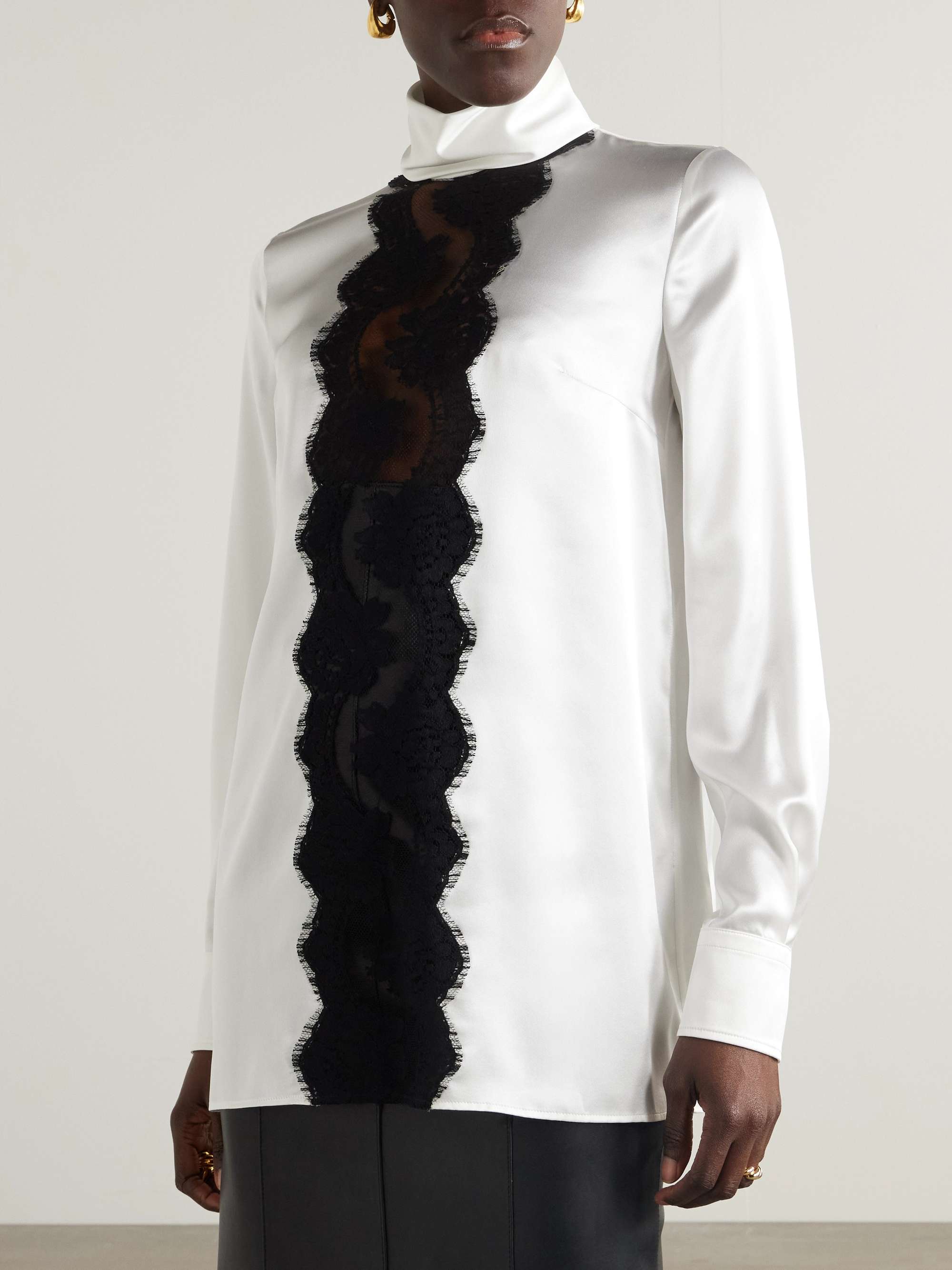 Lace-trimmed silk-blend satin turtleneck blouse view
