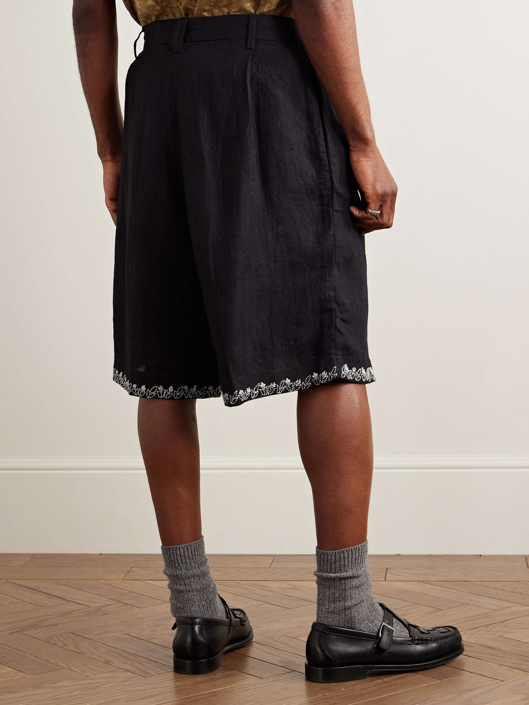Straight-Leg Pleated Embroidered Linen Shorts view