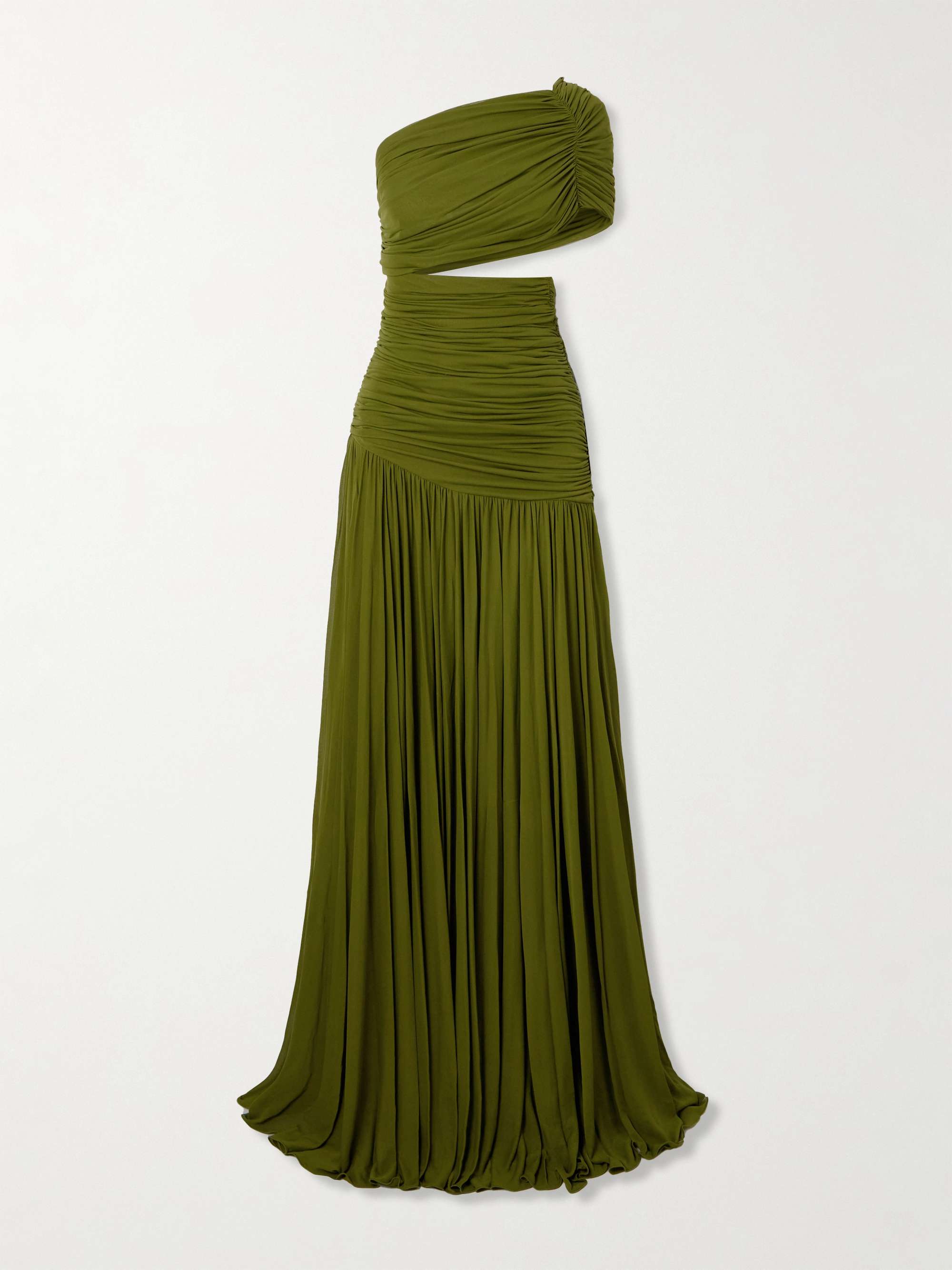 One-shoulder cutout ruched pleated jersey gown view