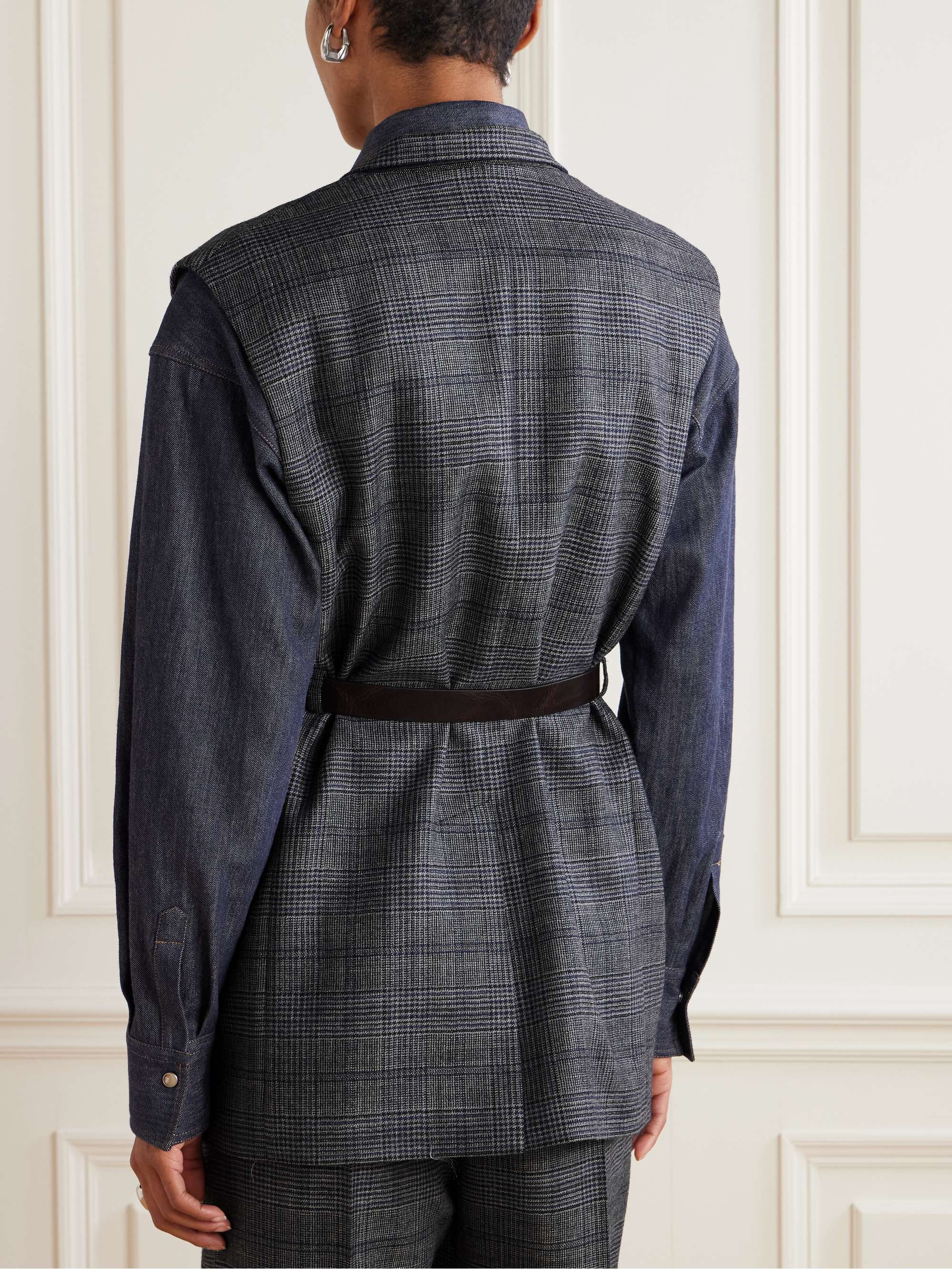 Bead-embellished leather-trimmed belted Prince of Wales checked wool vest view