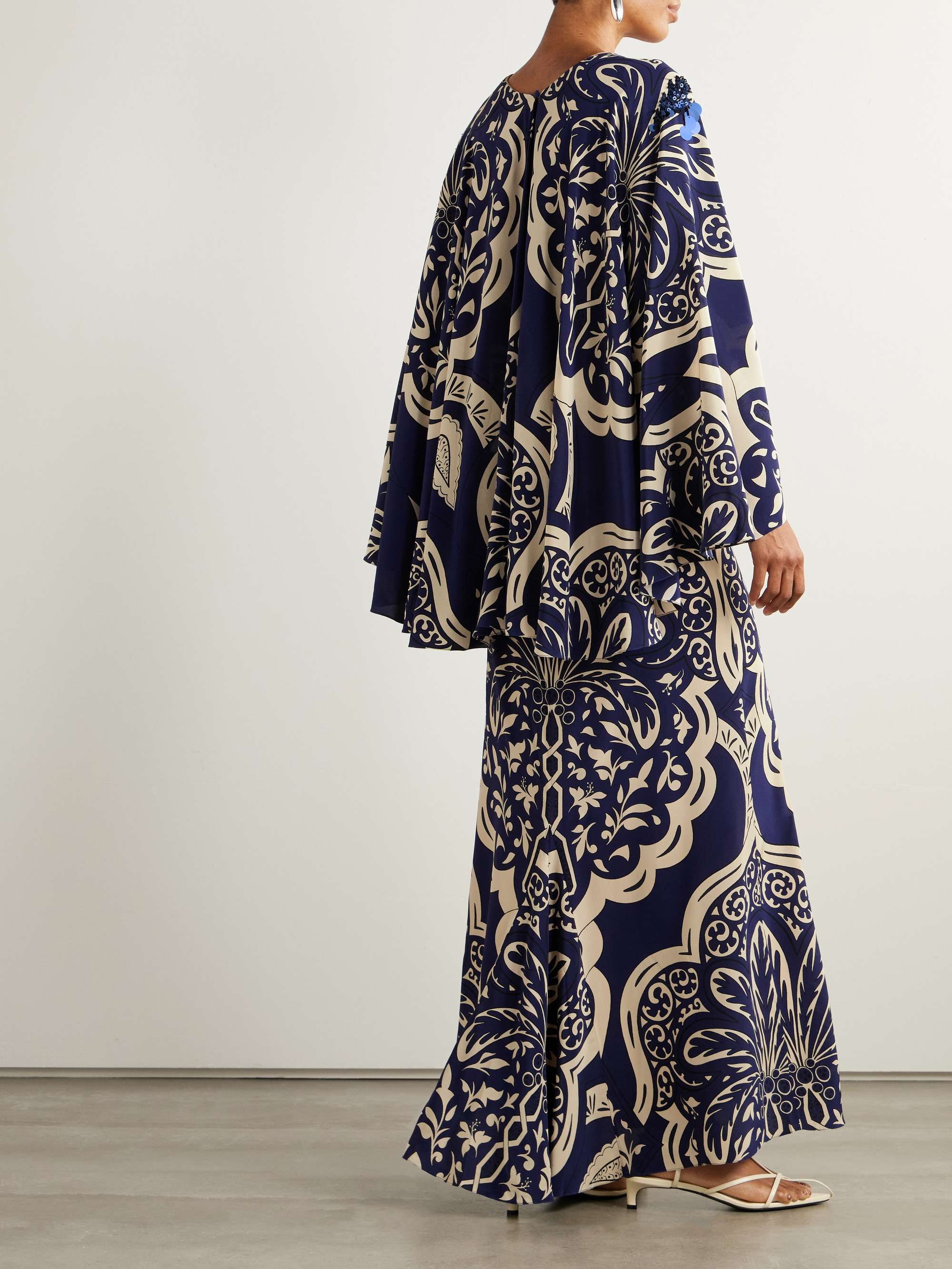 Cape-effect embellished printed silk-crepe maxi dress view