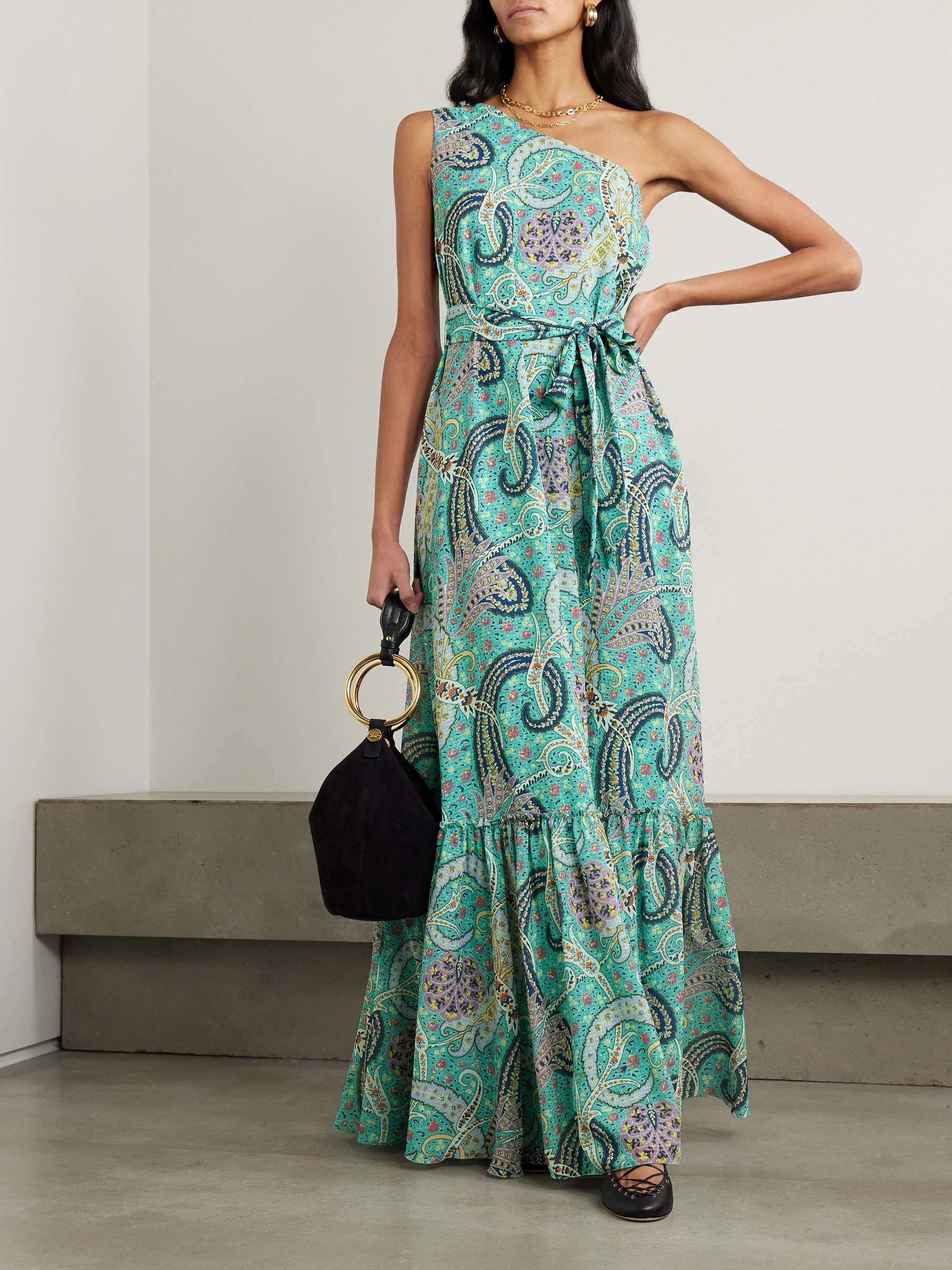 One-shoulder belted printed satin-jacquard maxi dress view