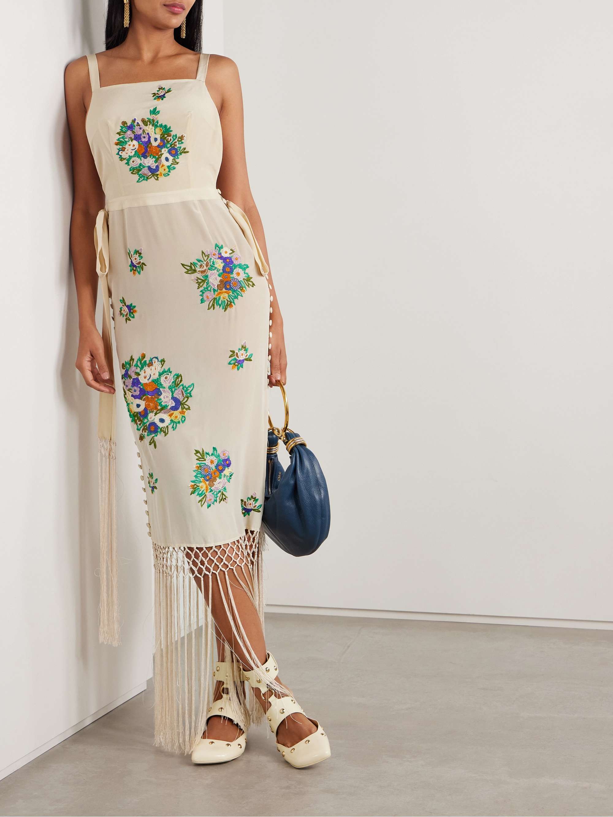 Fringed embroidered silk crepe de chine midi dress view