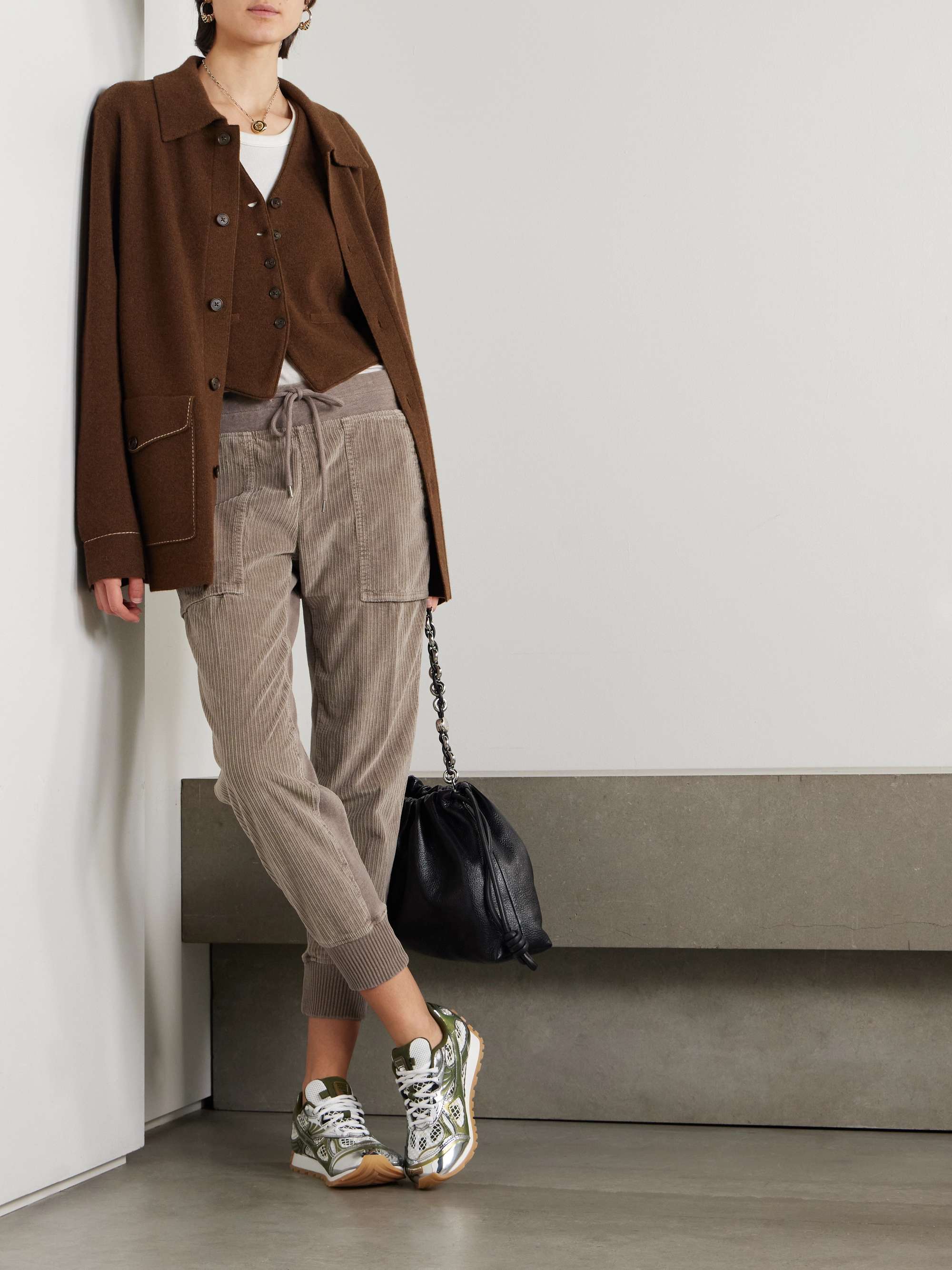 Jersey-trimmed cotton-blend corduroy tapered track pants view