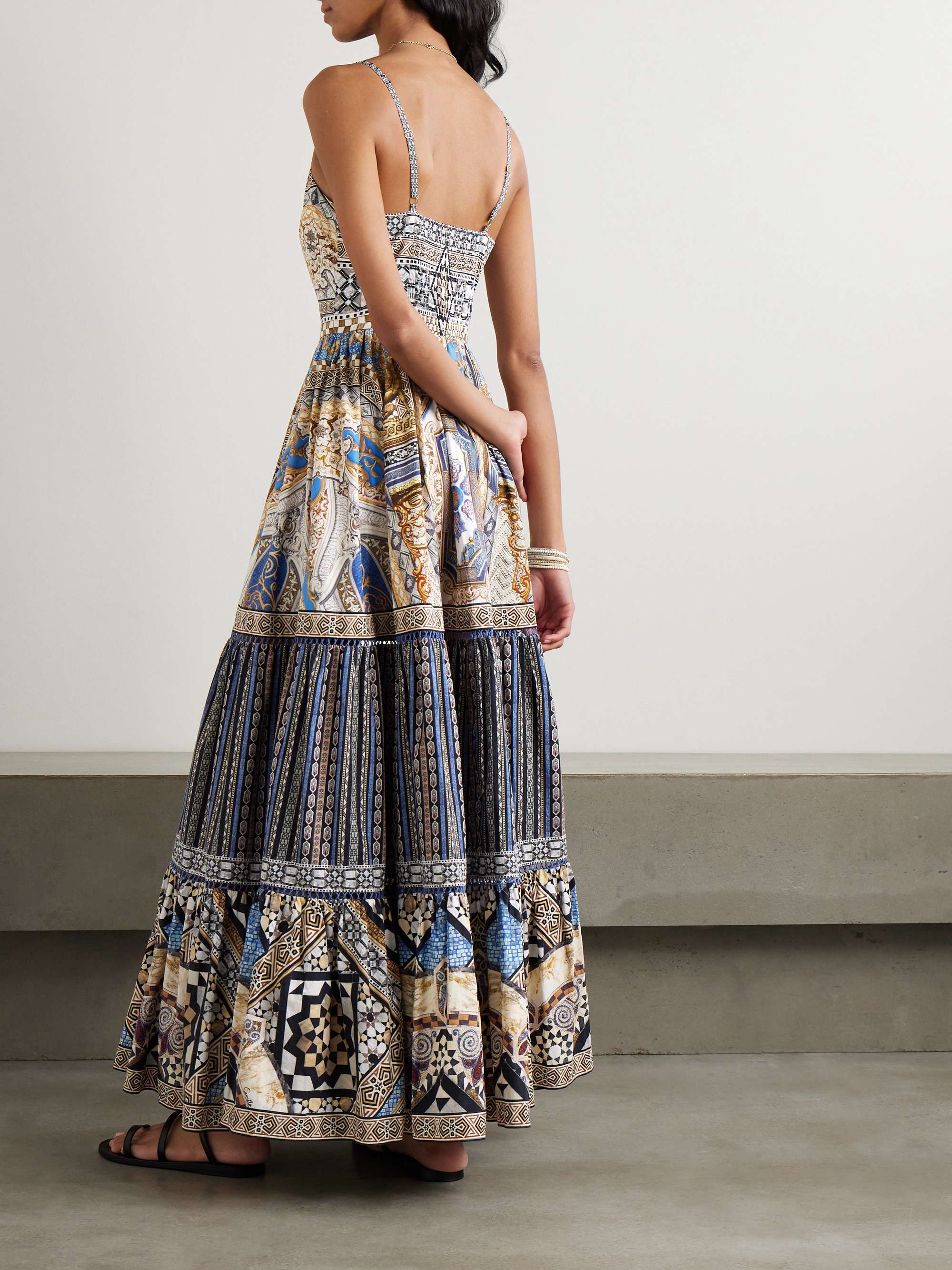Crystal-embellished tiered shirred lace-trimmed cotton maxi dress view
