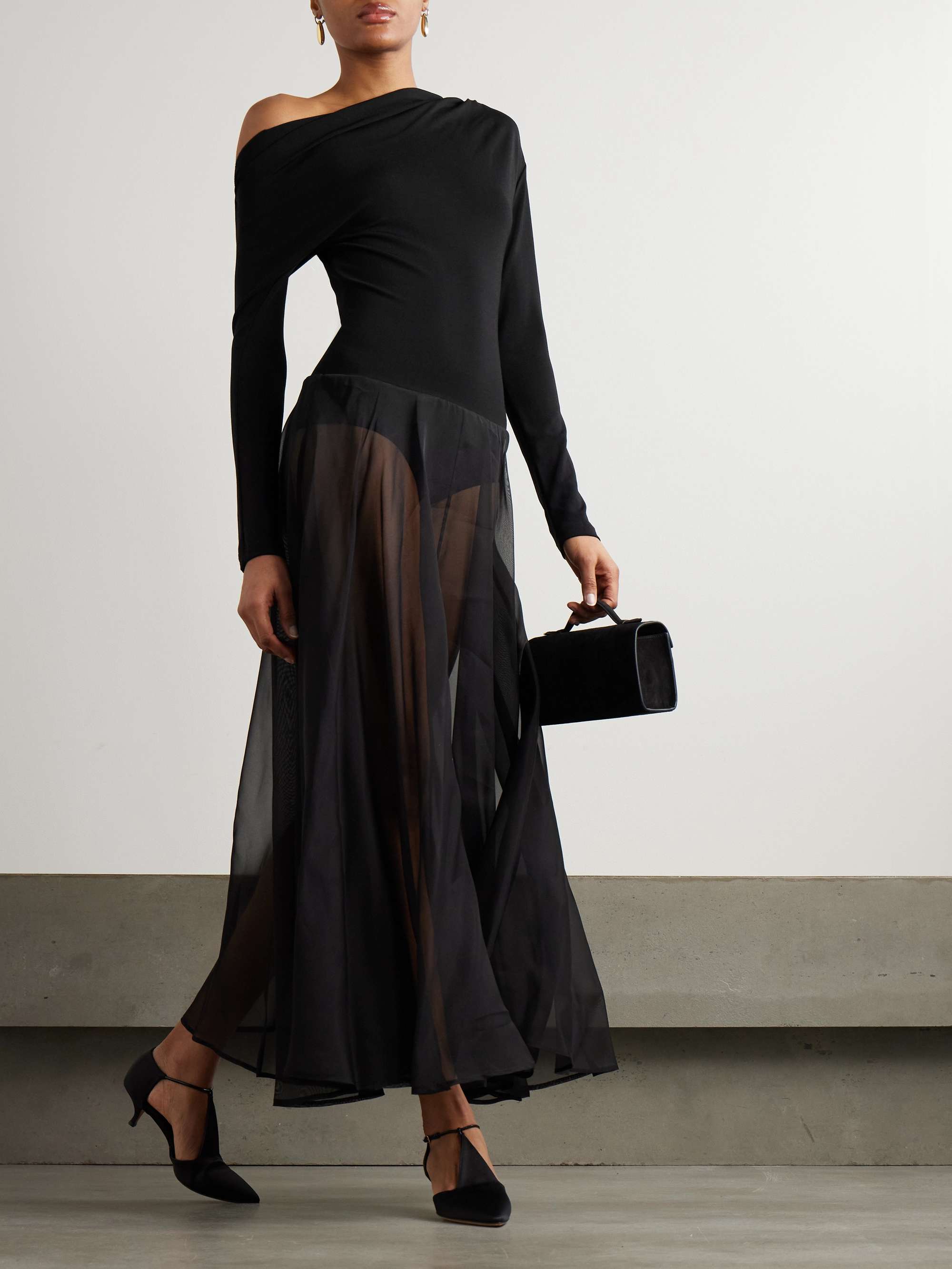 Aire Twist asymmetric cutout stretch-knit and silk-organza maxi dress view