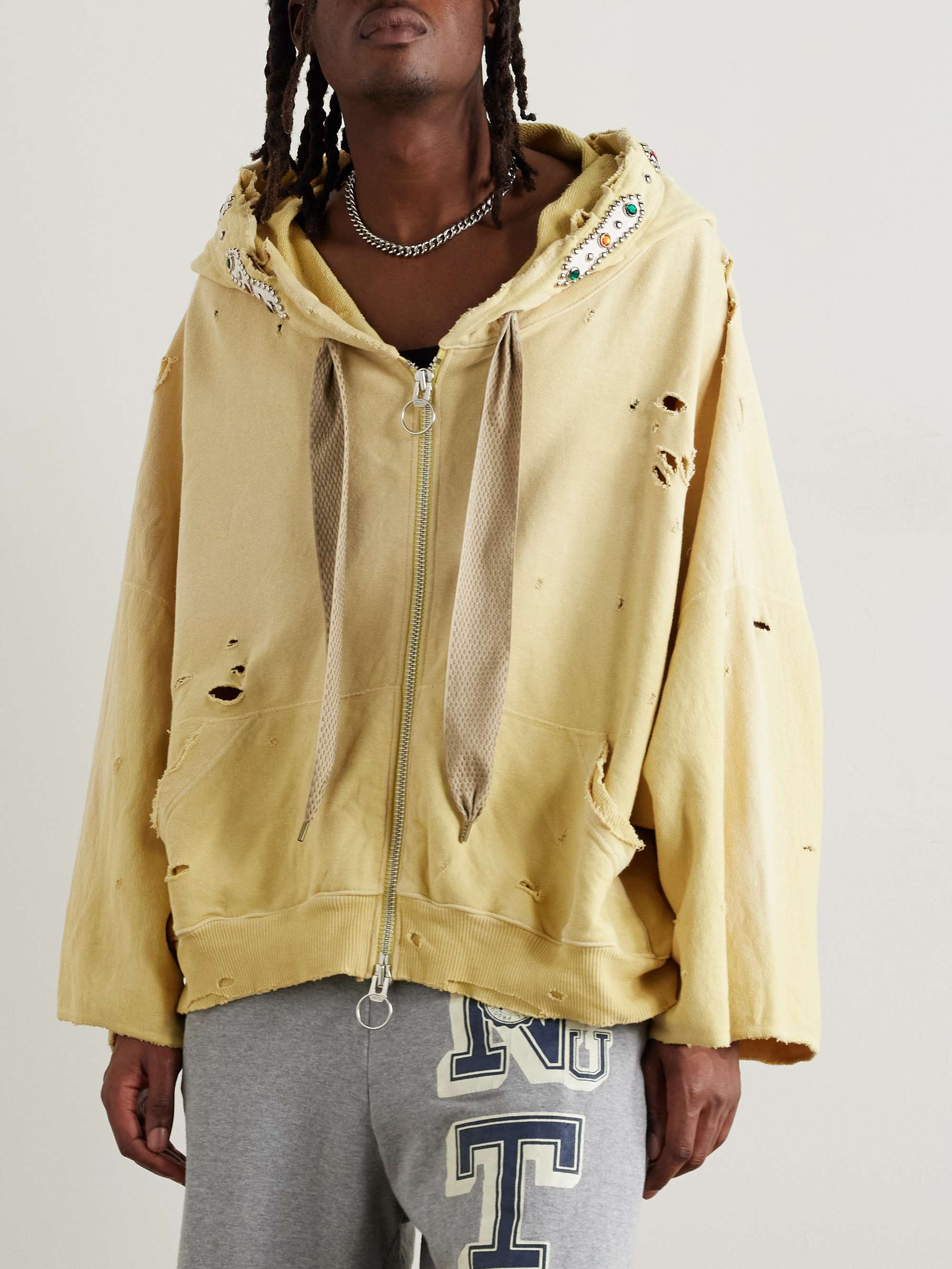 Embelished Distressed Cotton-Jersey Zip-Up Hoodie view