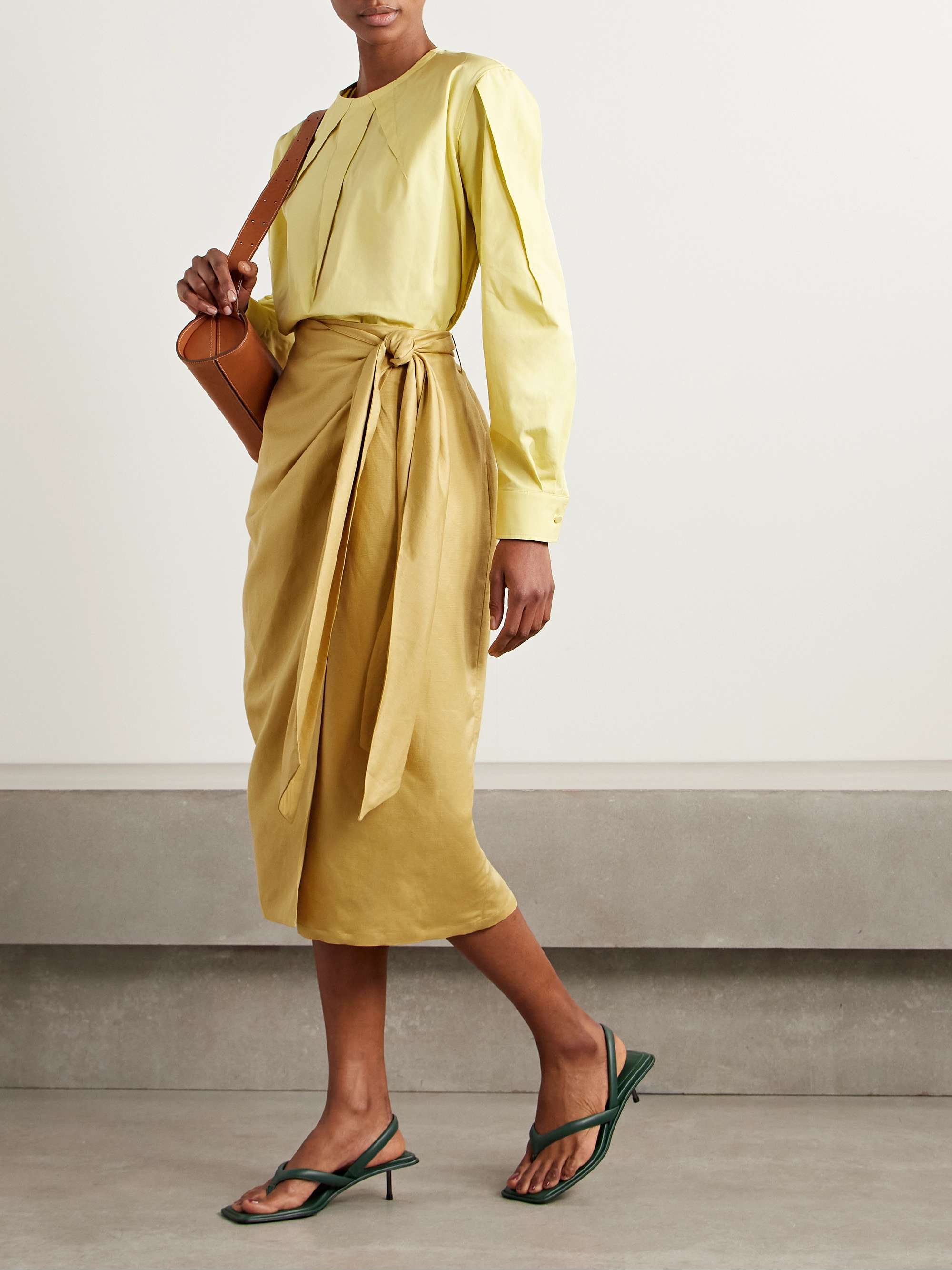 Tequila linen and silk-blend midi wrap skirt view
