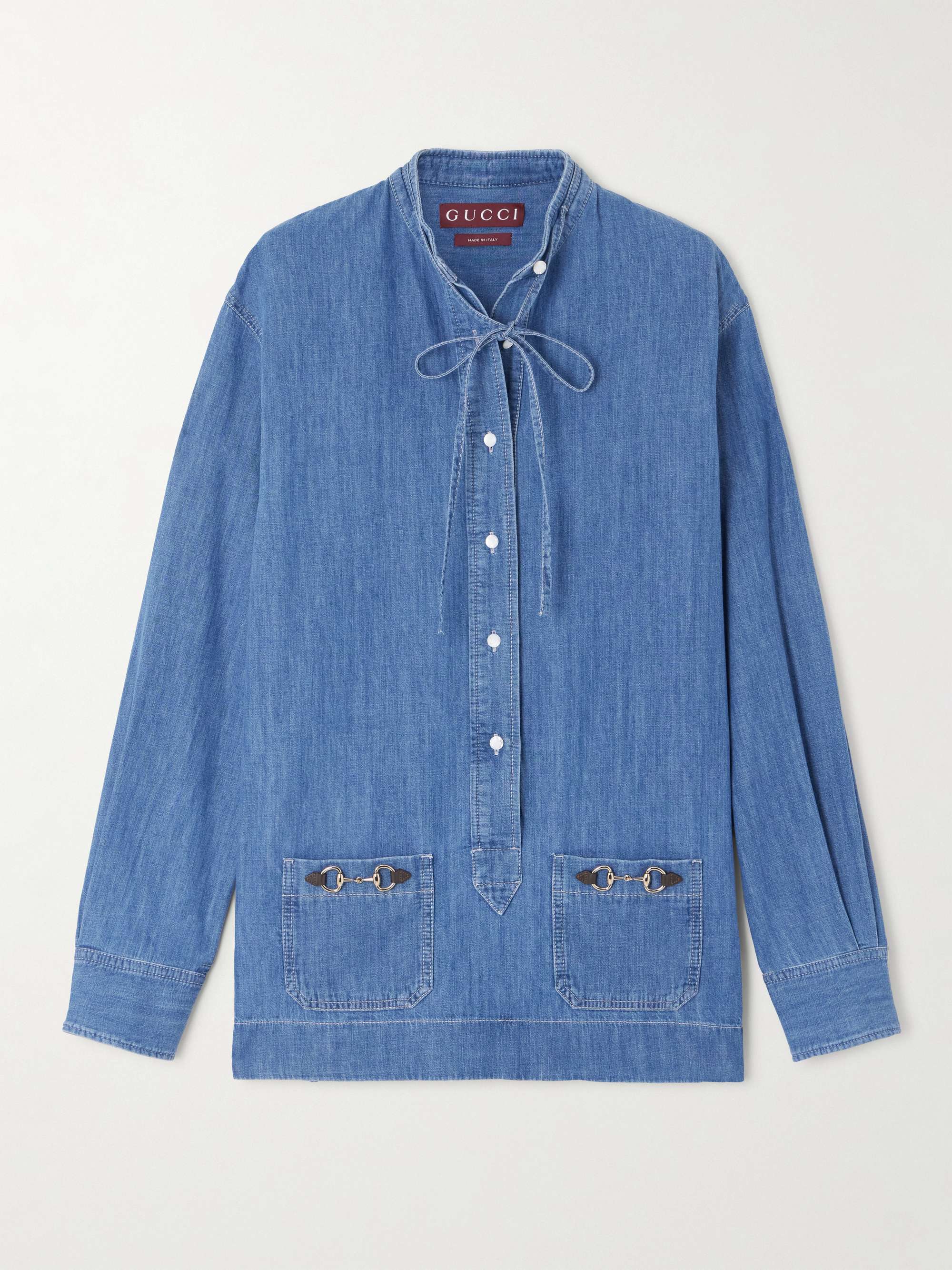 Tie-neck horsebit-embellished denim shirt view