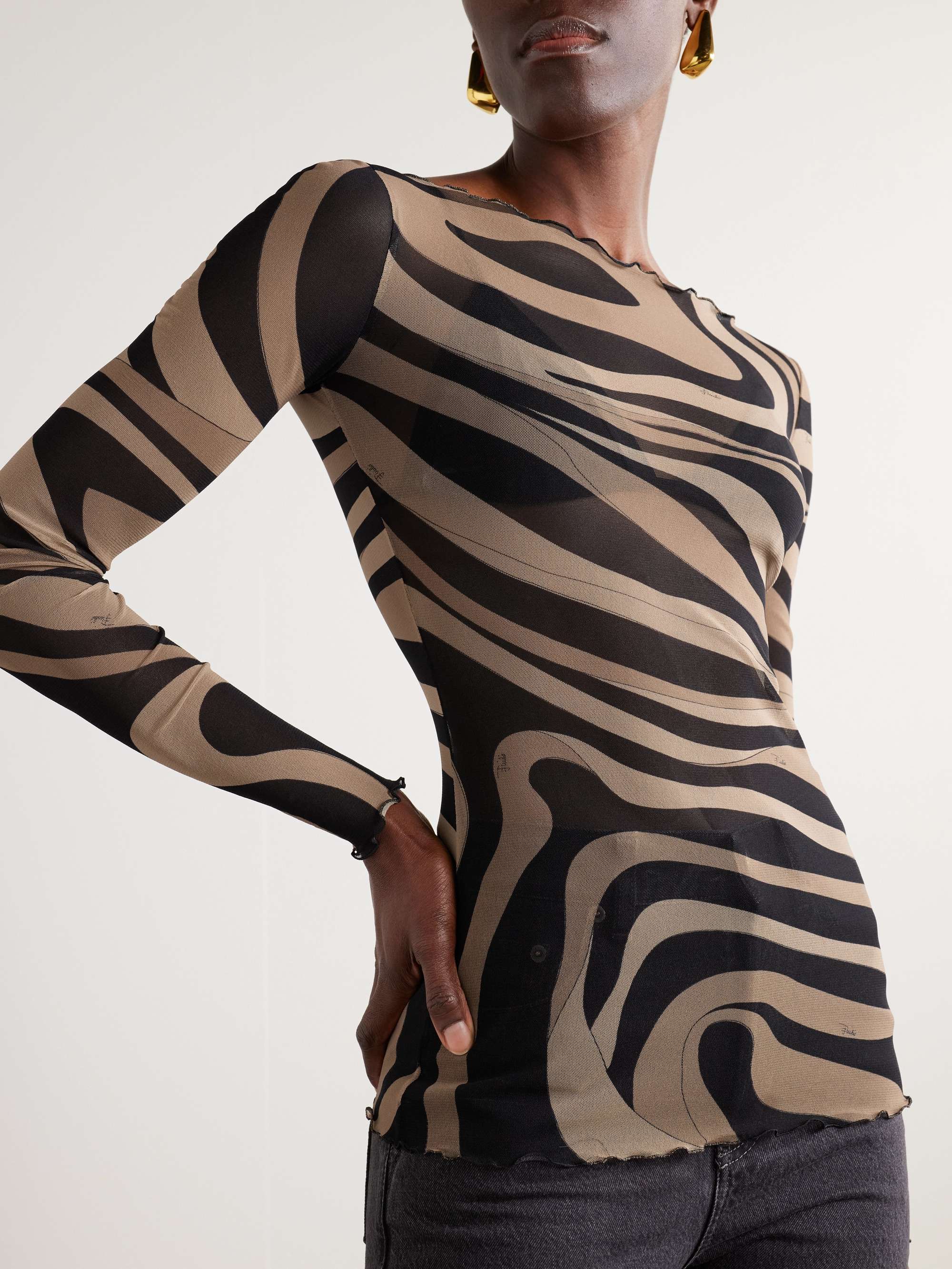Ruffled printed chiffon top view