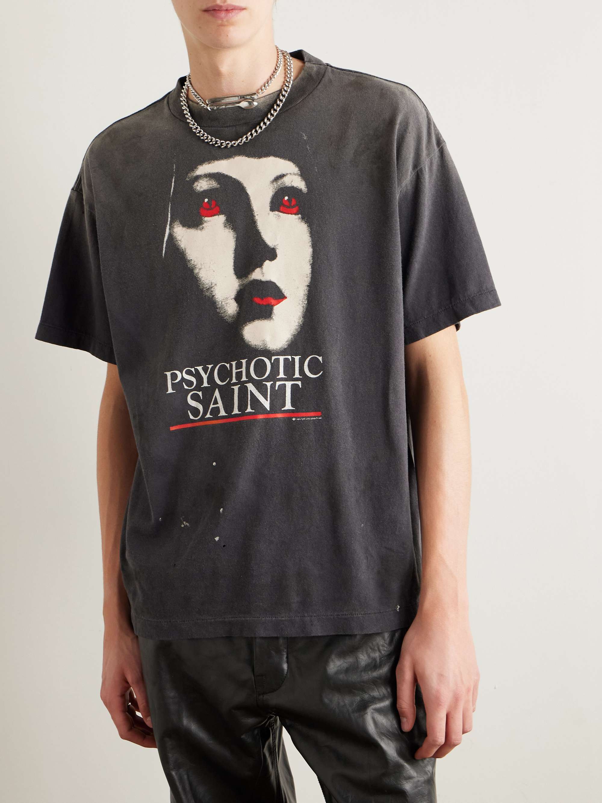 Psychotic Saint Distressed Printed Cotton-Jersey T-Shirt view