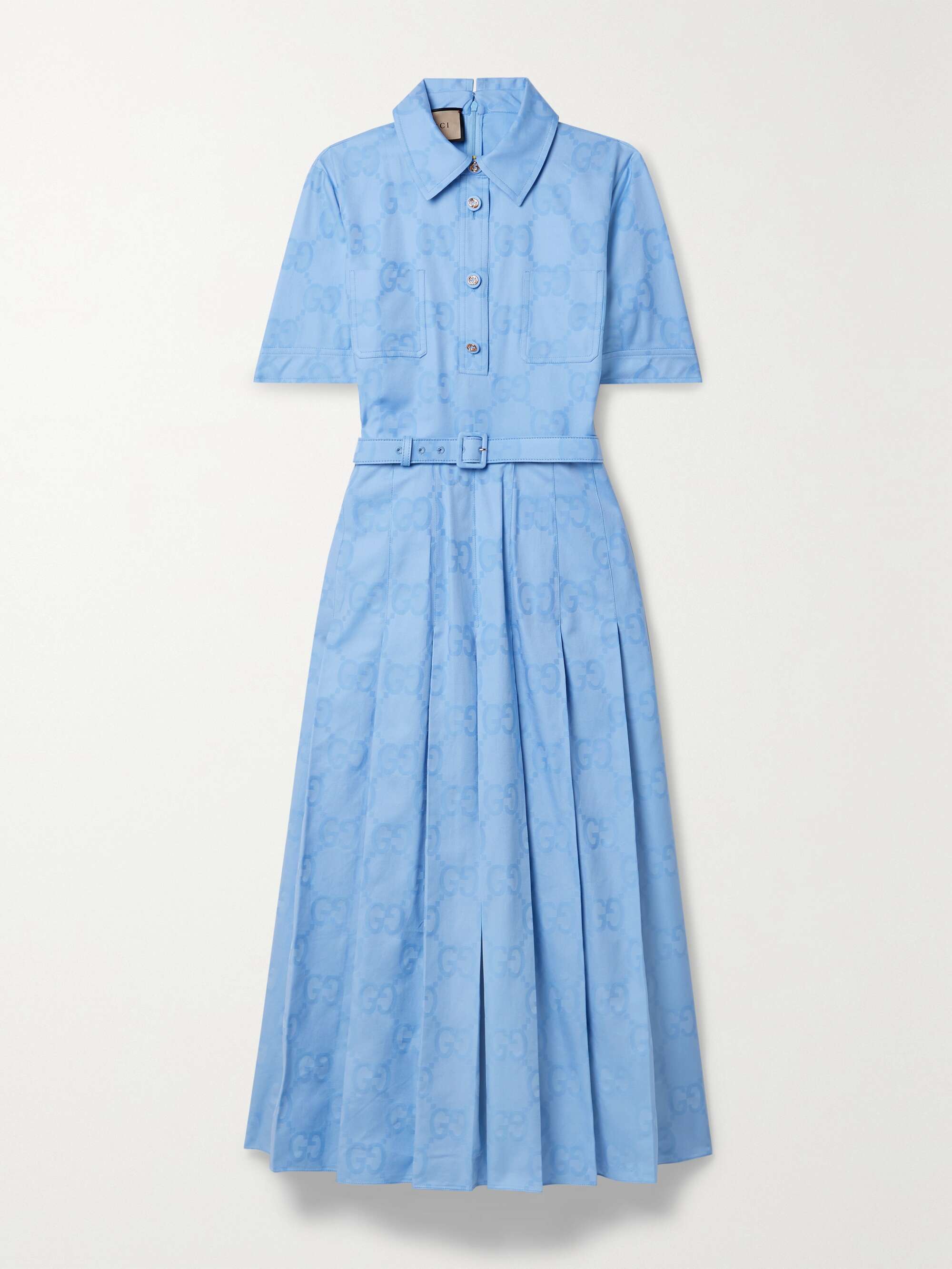 Belted pleated cotton Oxford-jacquard midi dress view
