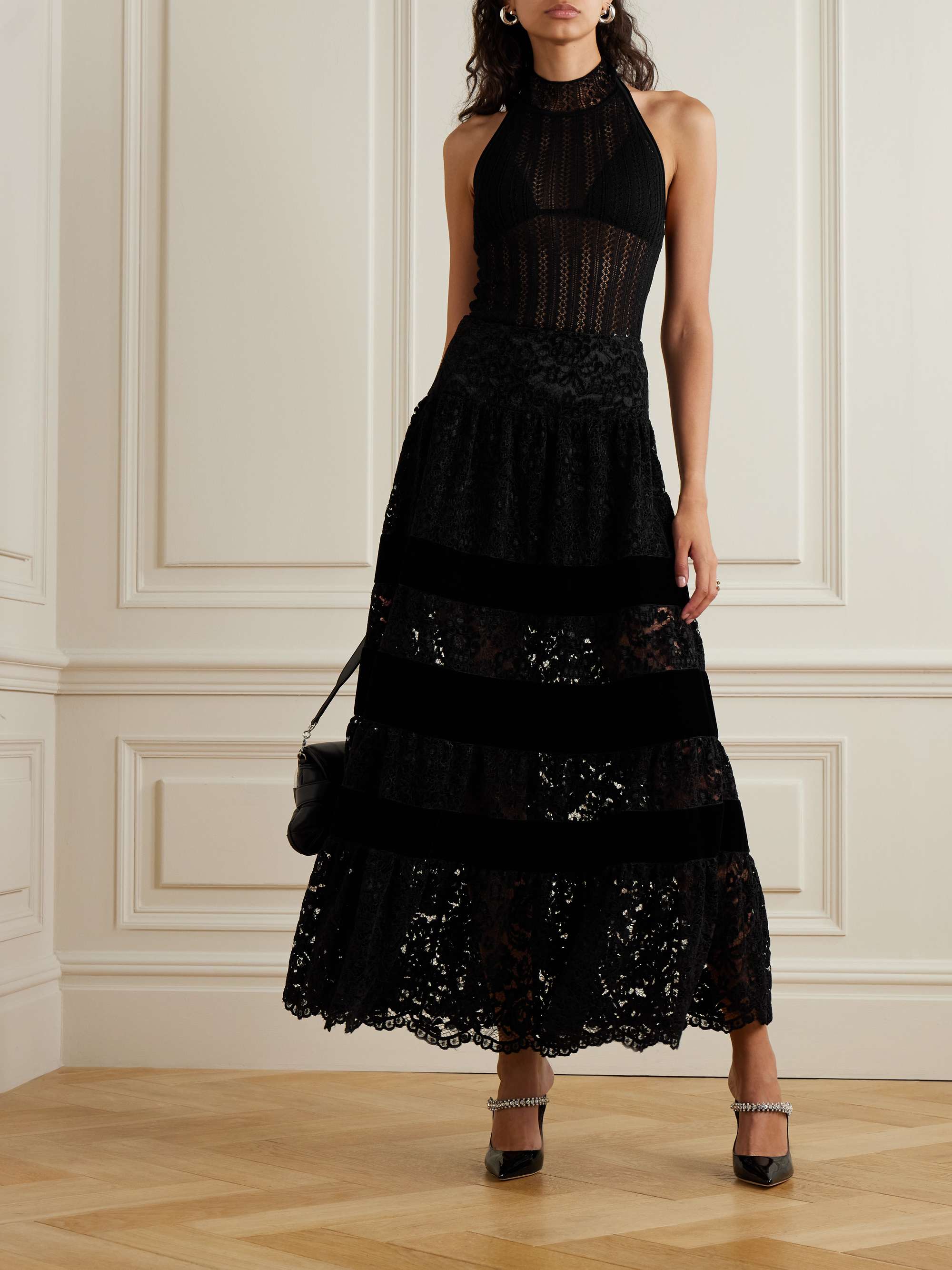 Edmee scalloped velvet-trimmed corded lace maxi skirt view