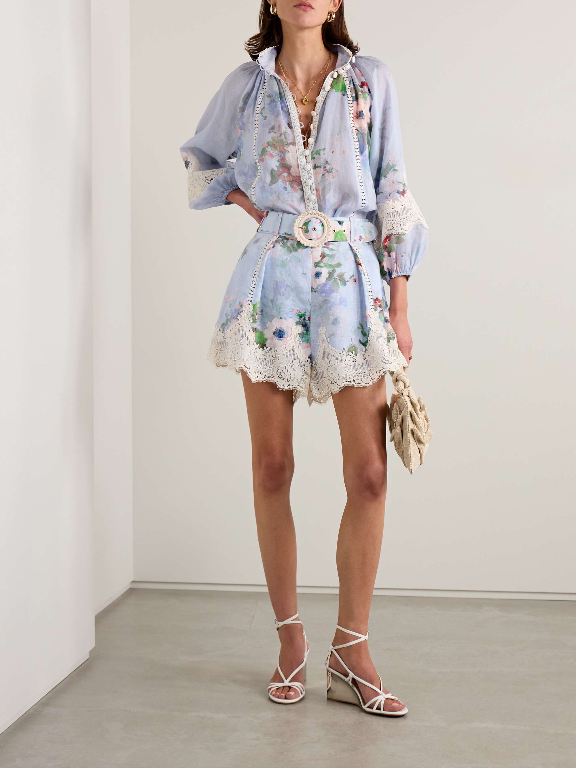 Everley belted pleated lace-trimmed floral-print linen shorts view