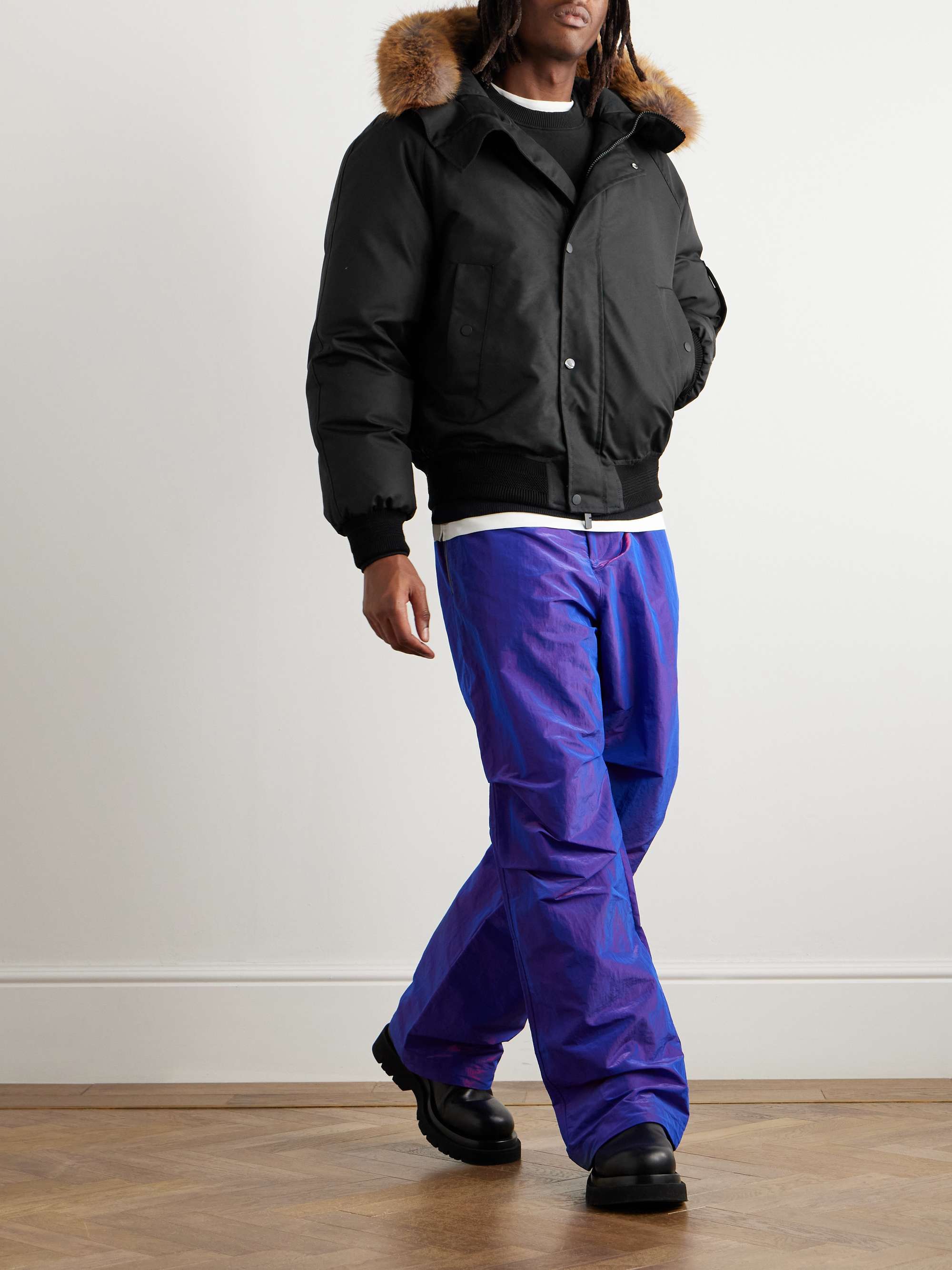 Faux Fur-Trimmed Shell Down Hooded Bomber Jacket view