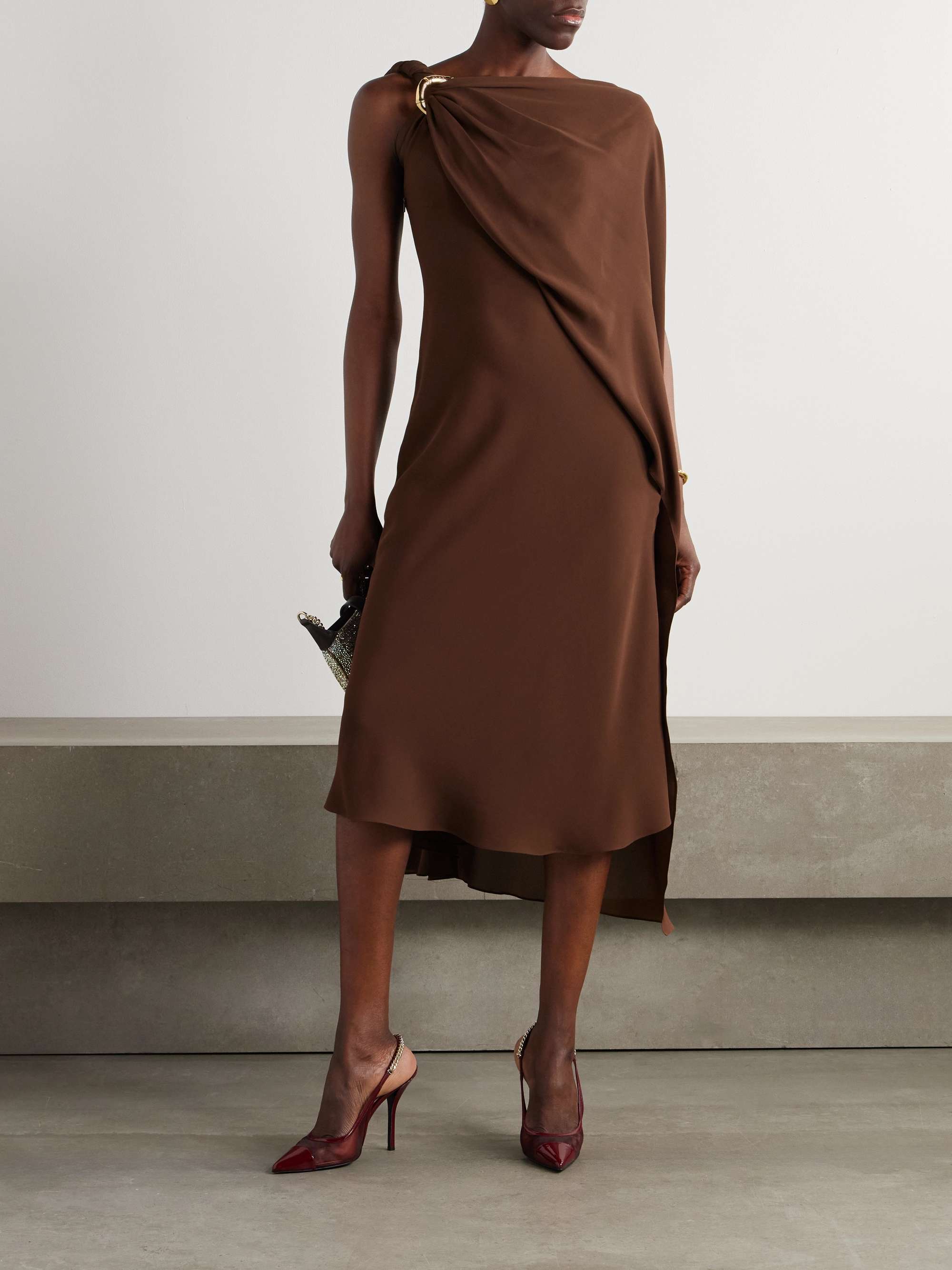Cape-effect embellished silk-crepe midi dress view