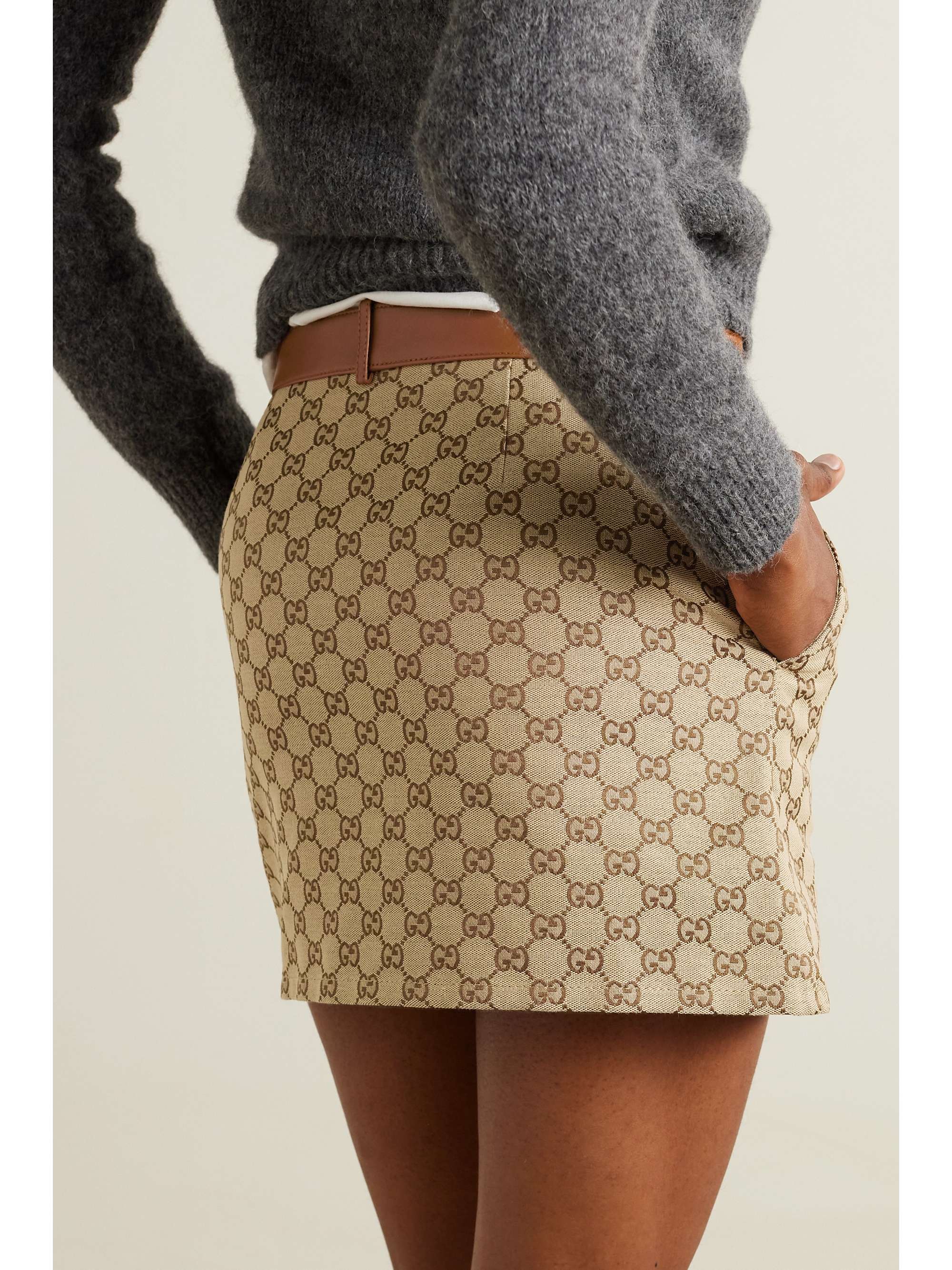 Leather-trimmed cotton-blend canvas-jacquard mini skirt view