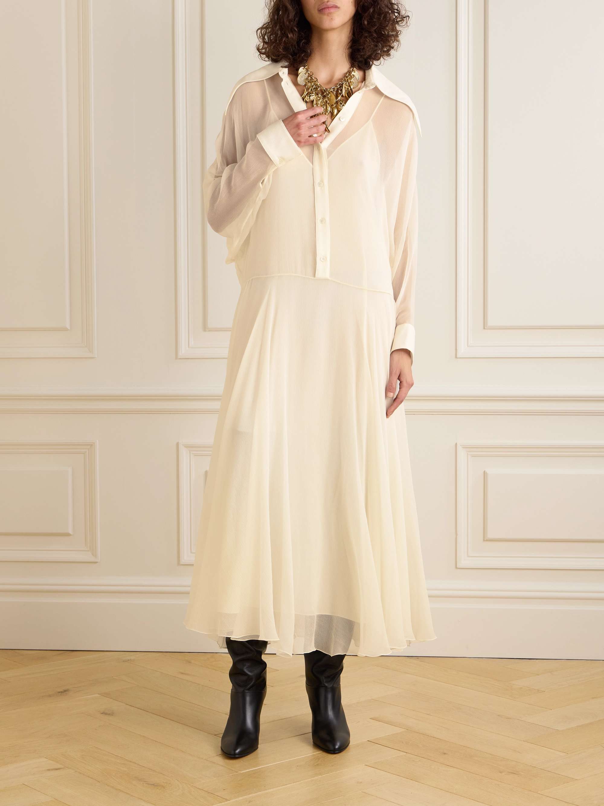 Pleated organic silk-mousseline midi shirt dress view