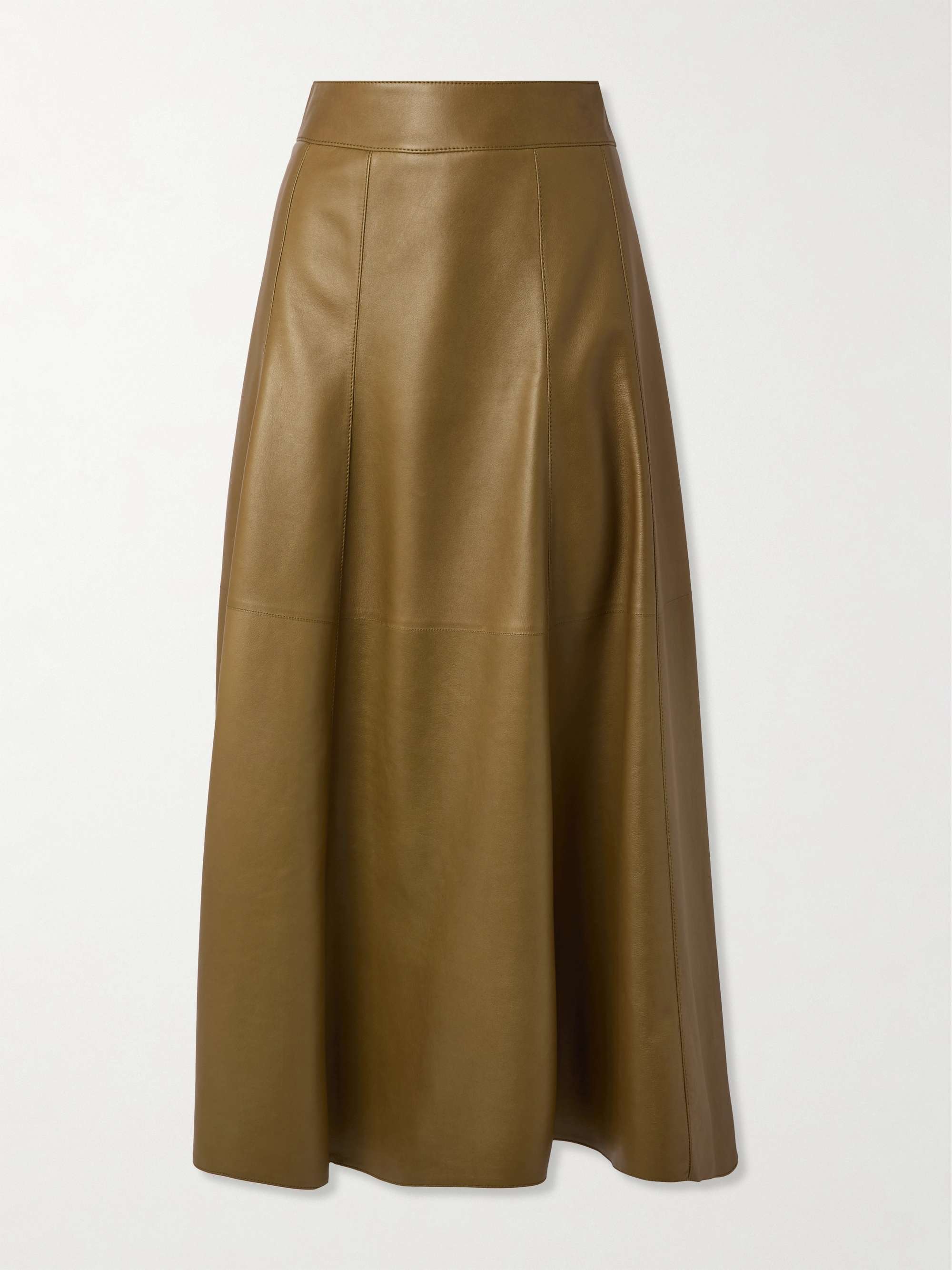 Paneled pleated leather midi skirt view