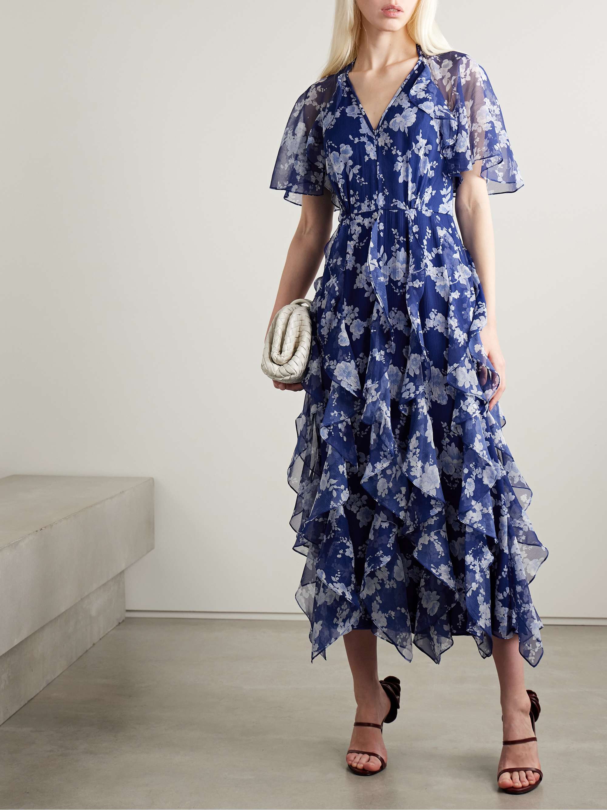 Cape-effect ruffled floral-print silk-crepon midi dress view