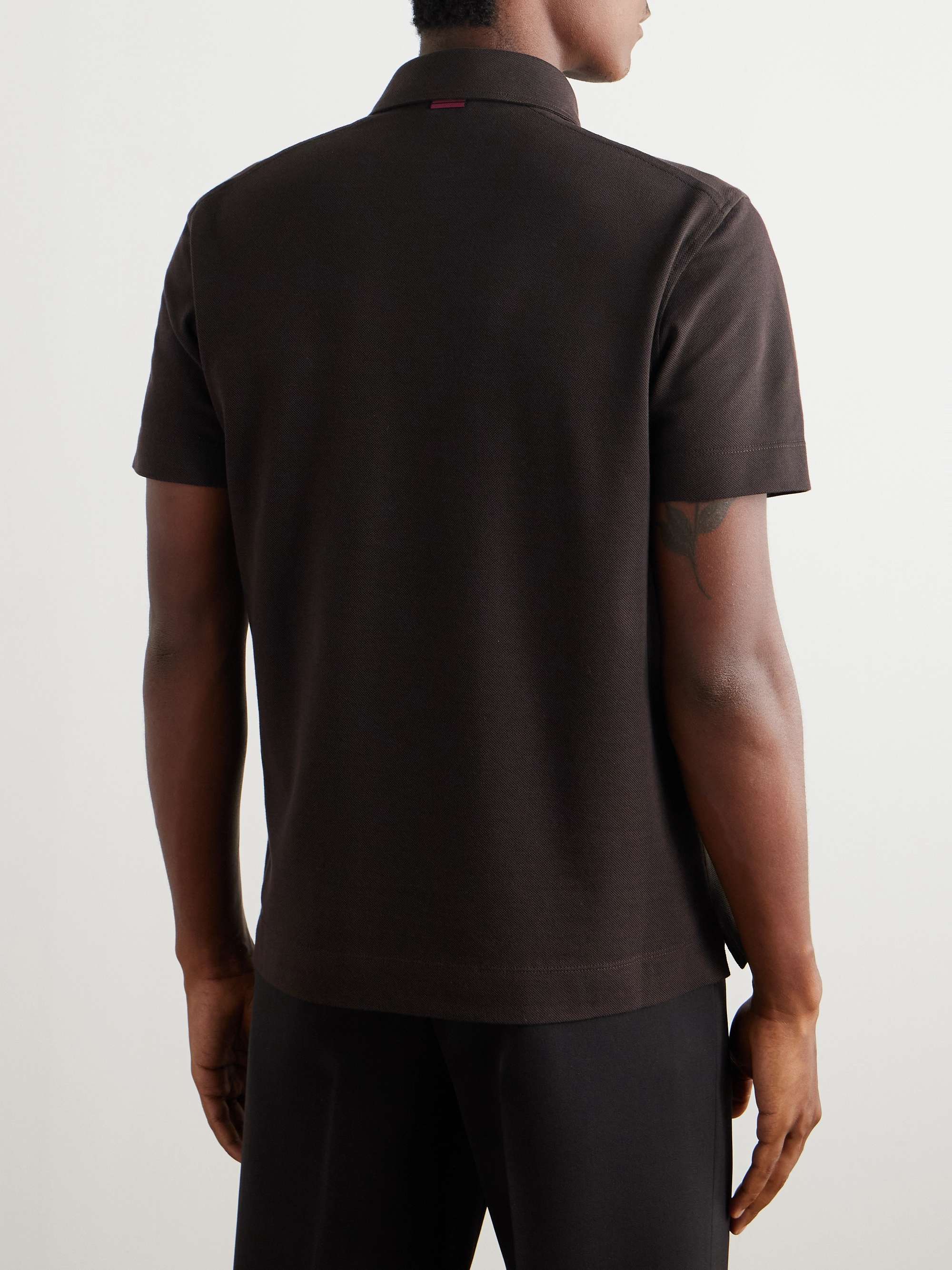 Slim-Fit Leather-Trimmed Cotton-Piqué Polo Shirt view