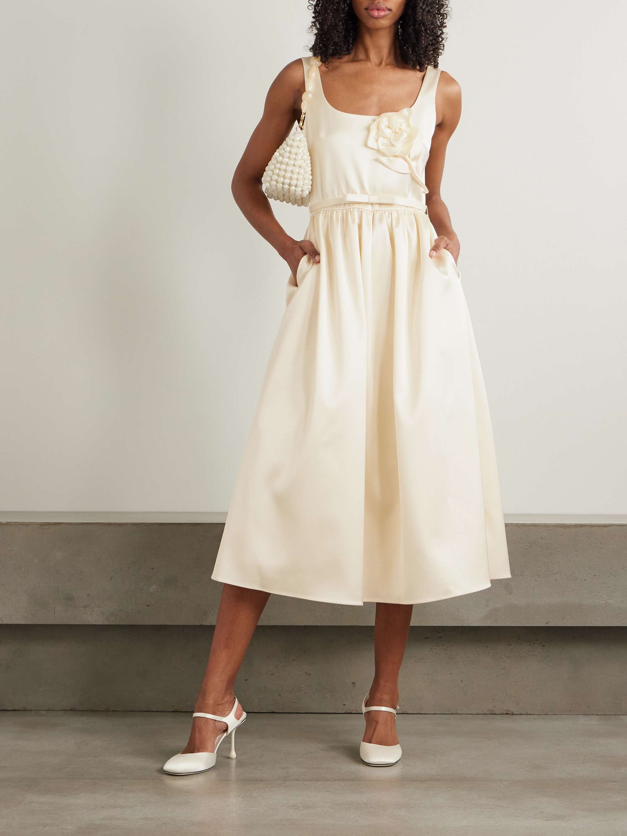 Appliquéd belted satin midi dress view