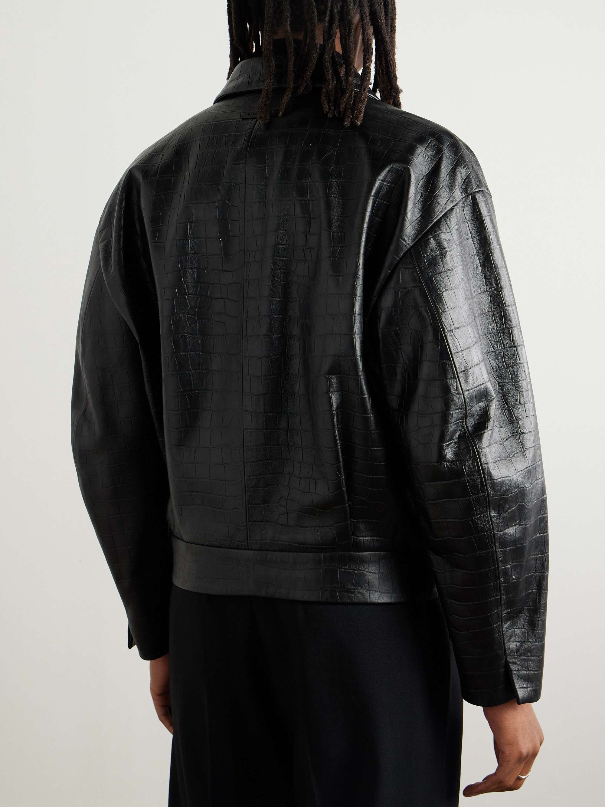 Cropped Pleated Croc-Effect Leather Jacket view