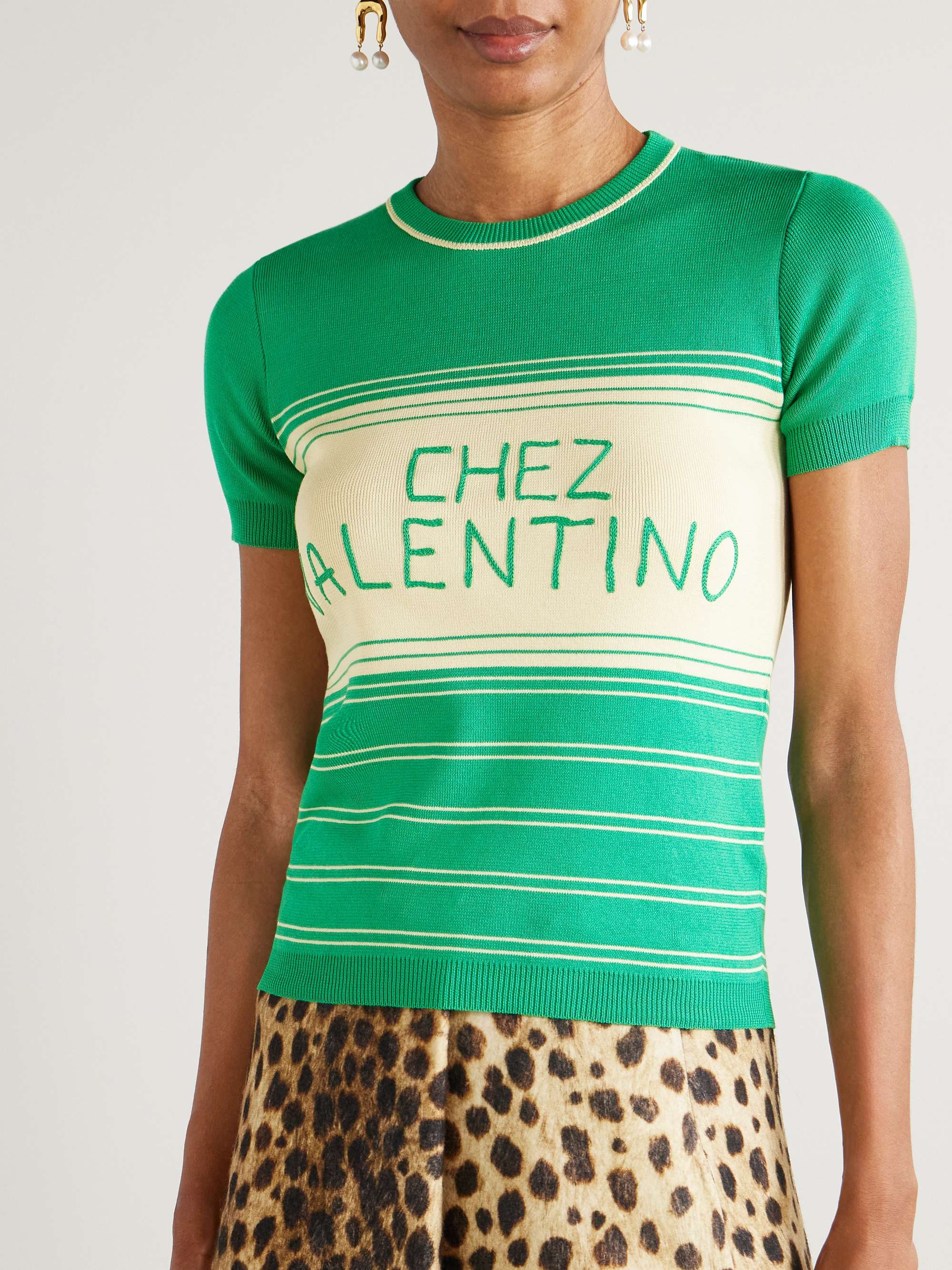 Embroidered striped cotton T-shirt view